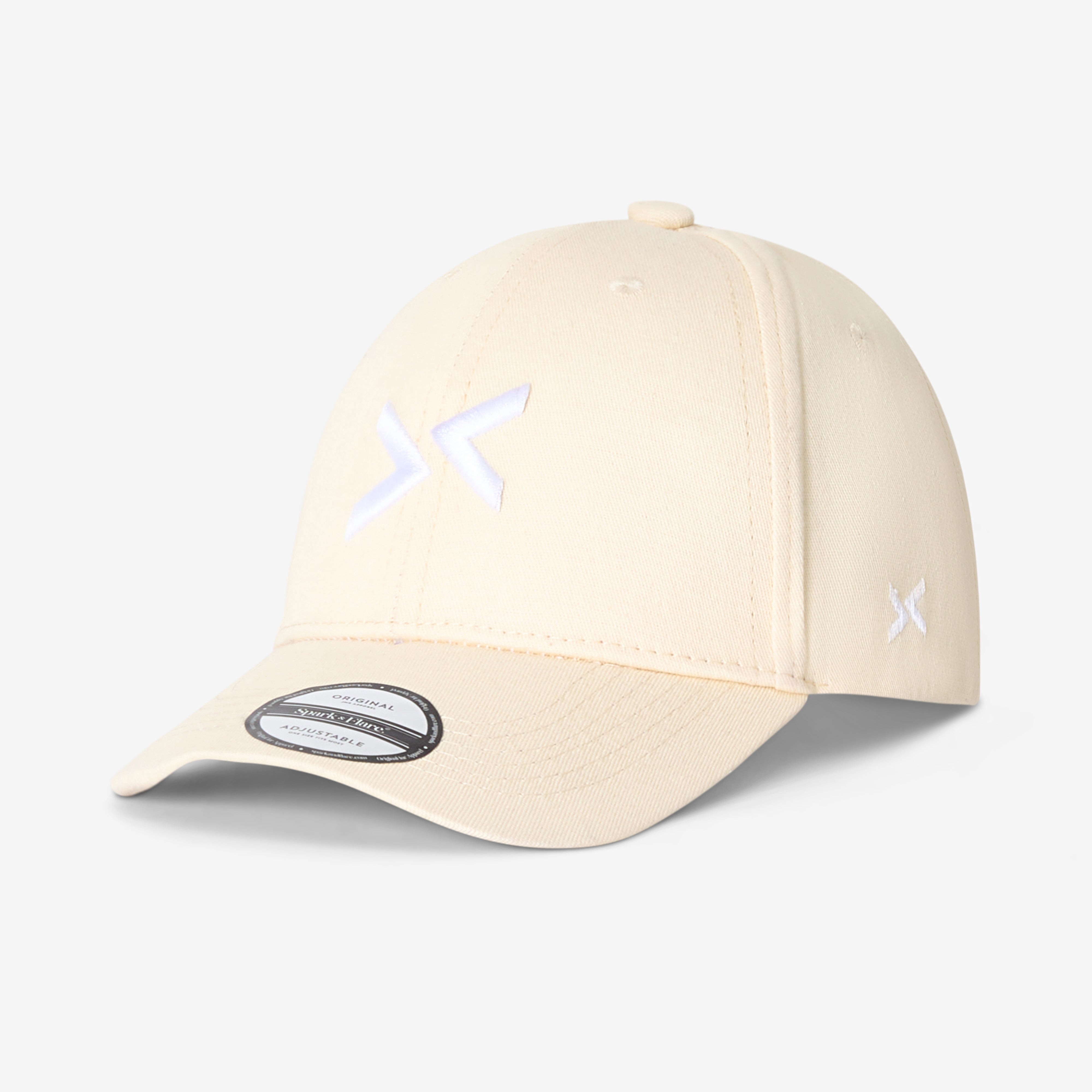 Beige cap with Spark & Flare arrow logo in white