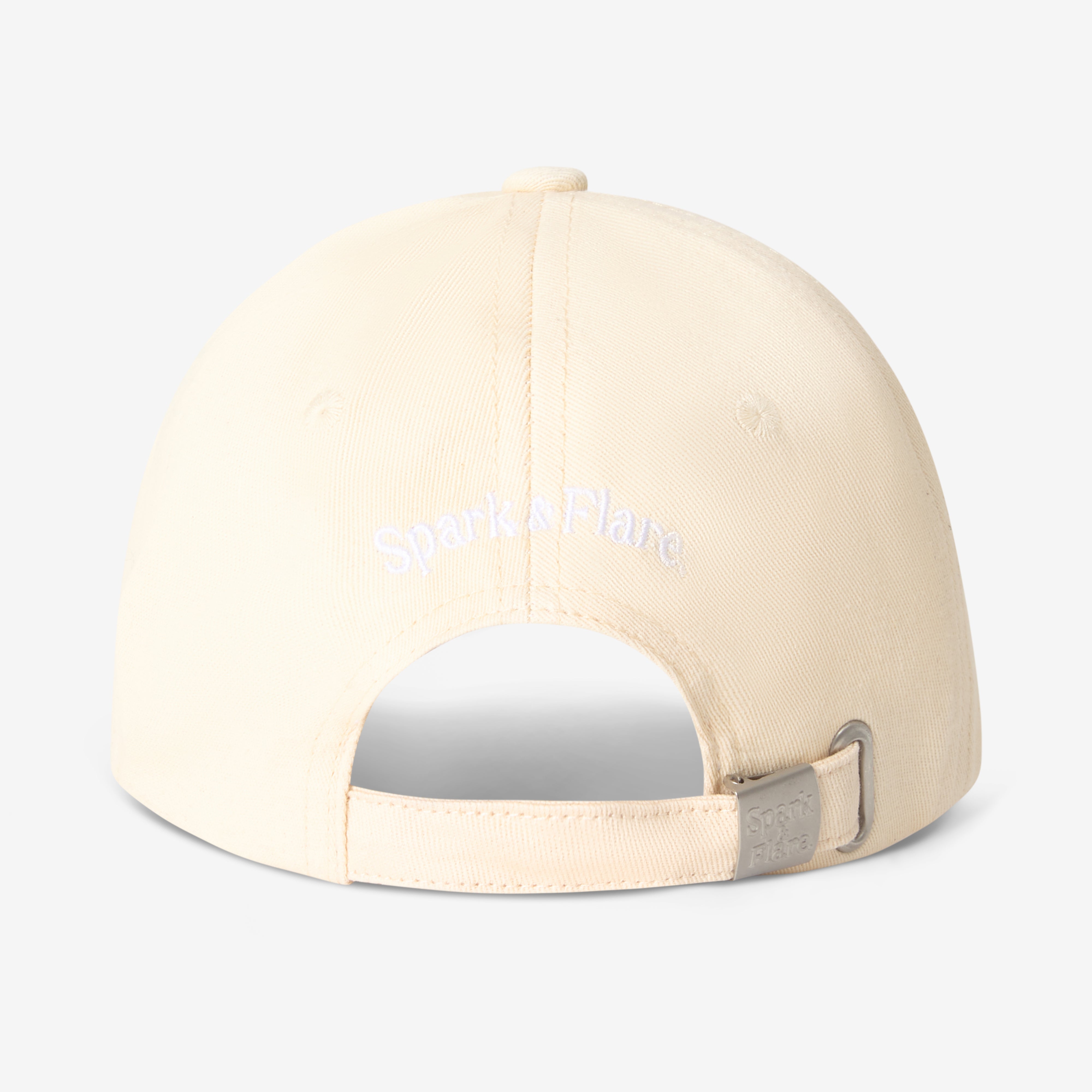 Back of a beige cap with Spark & Flare branding and a branded buckle