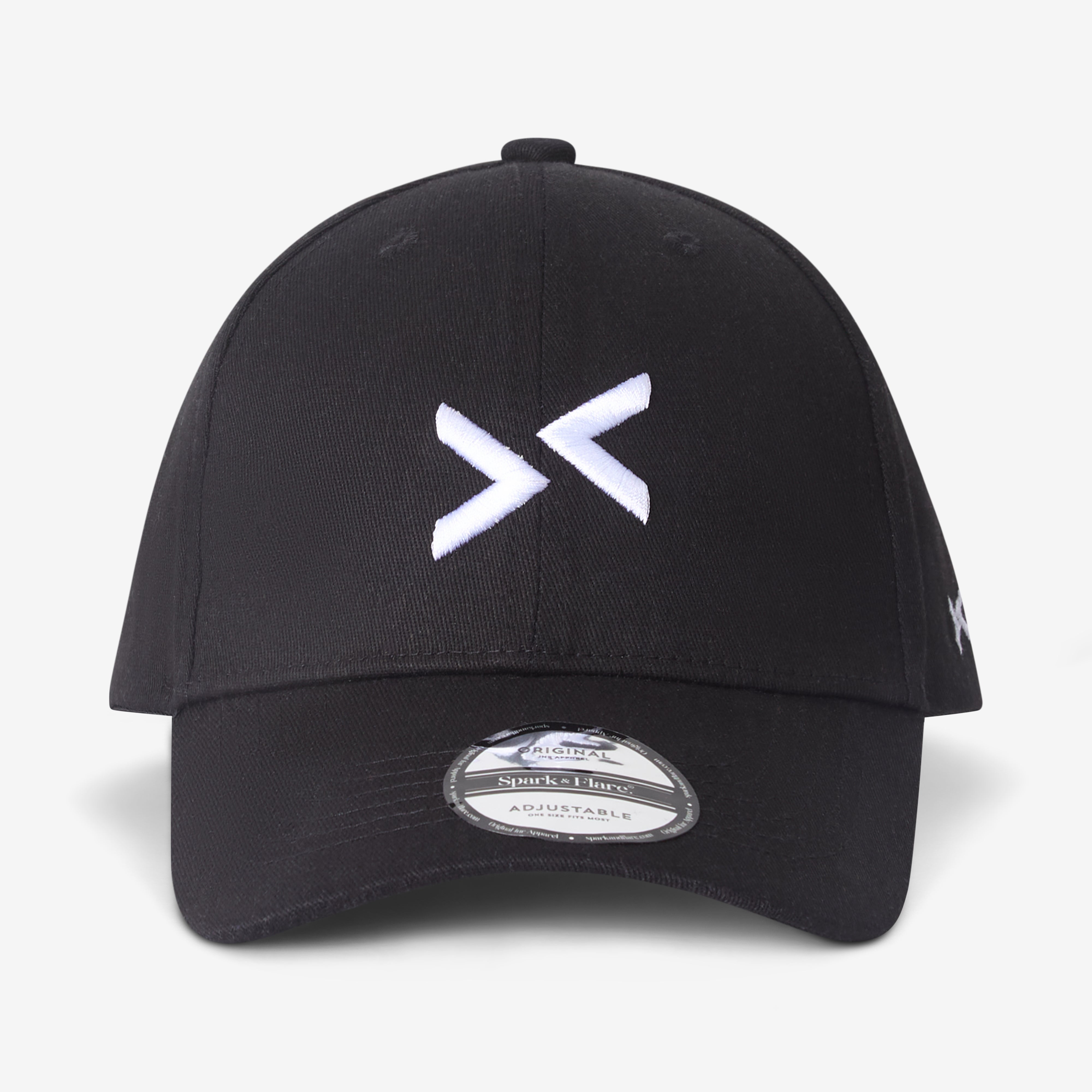 Black Spark & Flare baseball cap with Spark & Flare arrow logo in white