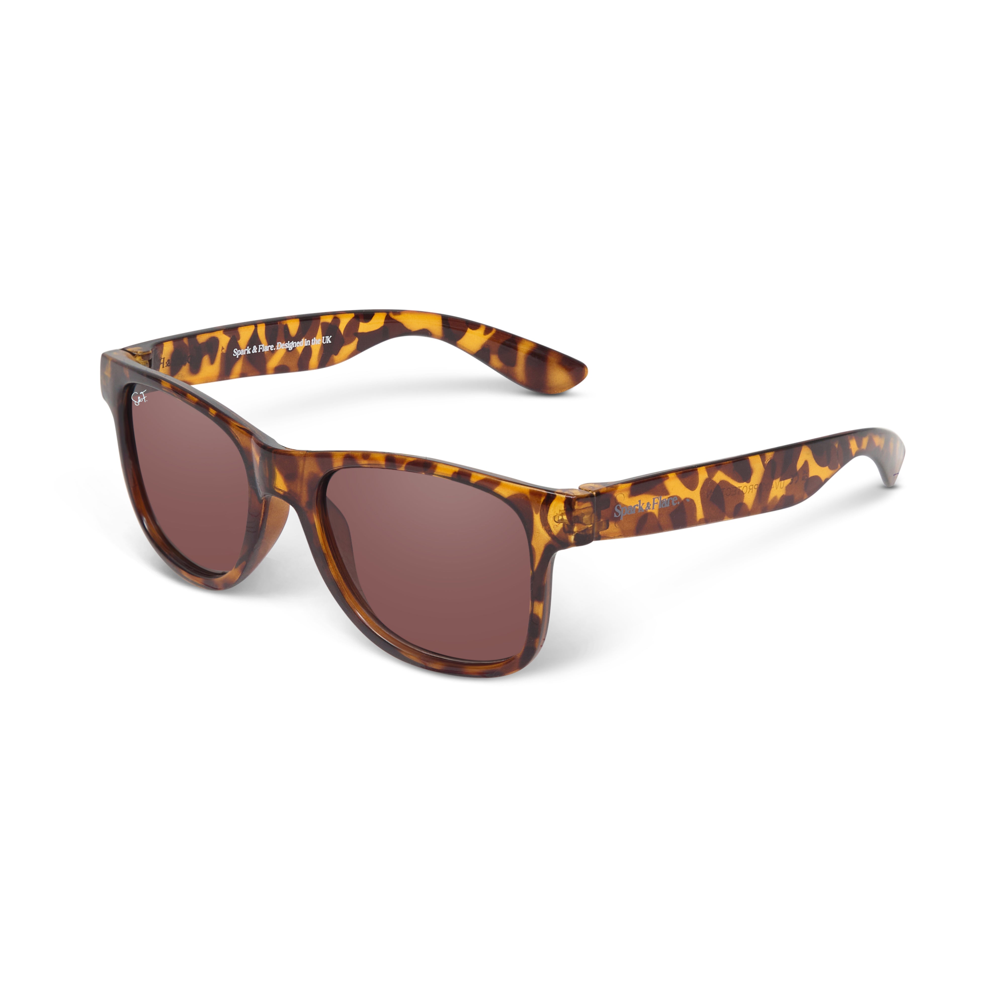 Tortoise shell Spark & Flare wayfarer sunglasses for juniors with square wayfarer frames
