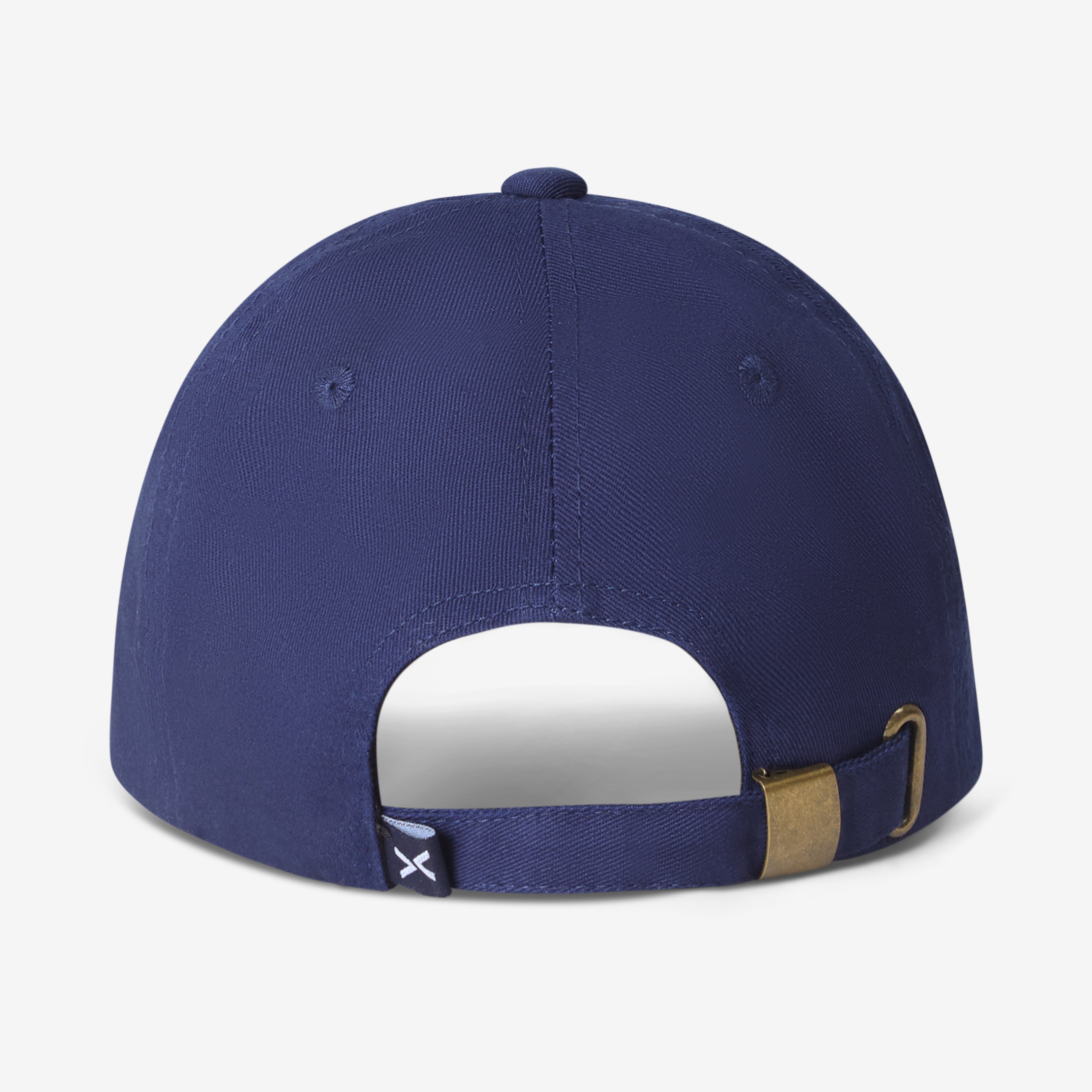 Back of a Navy Spark & Flare Baseball cap with branded label and clasp
