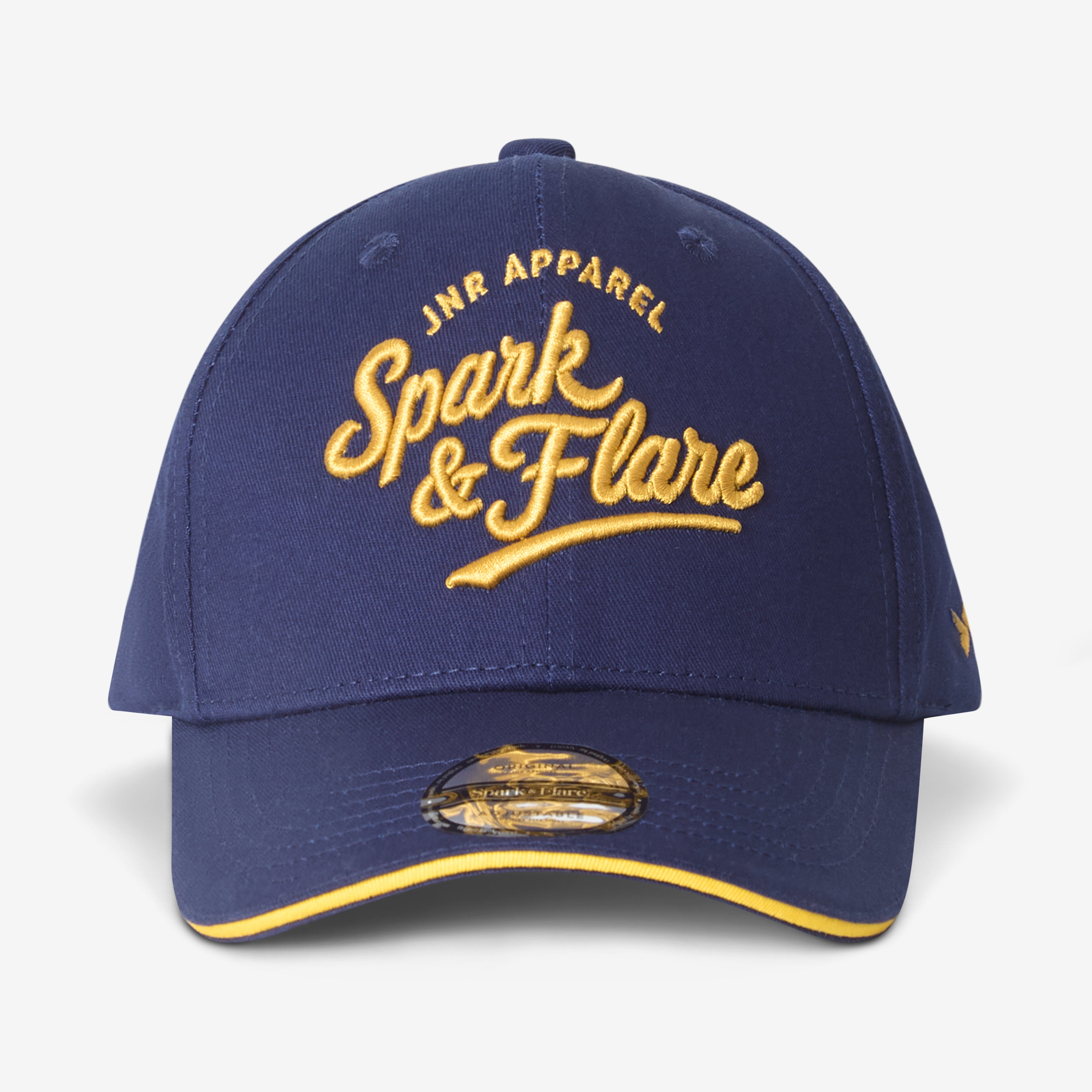Navy Spark & Flare Baseball cap with gold script and gold edging on visor