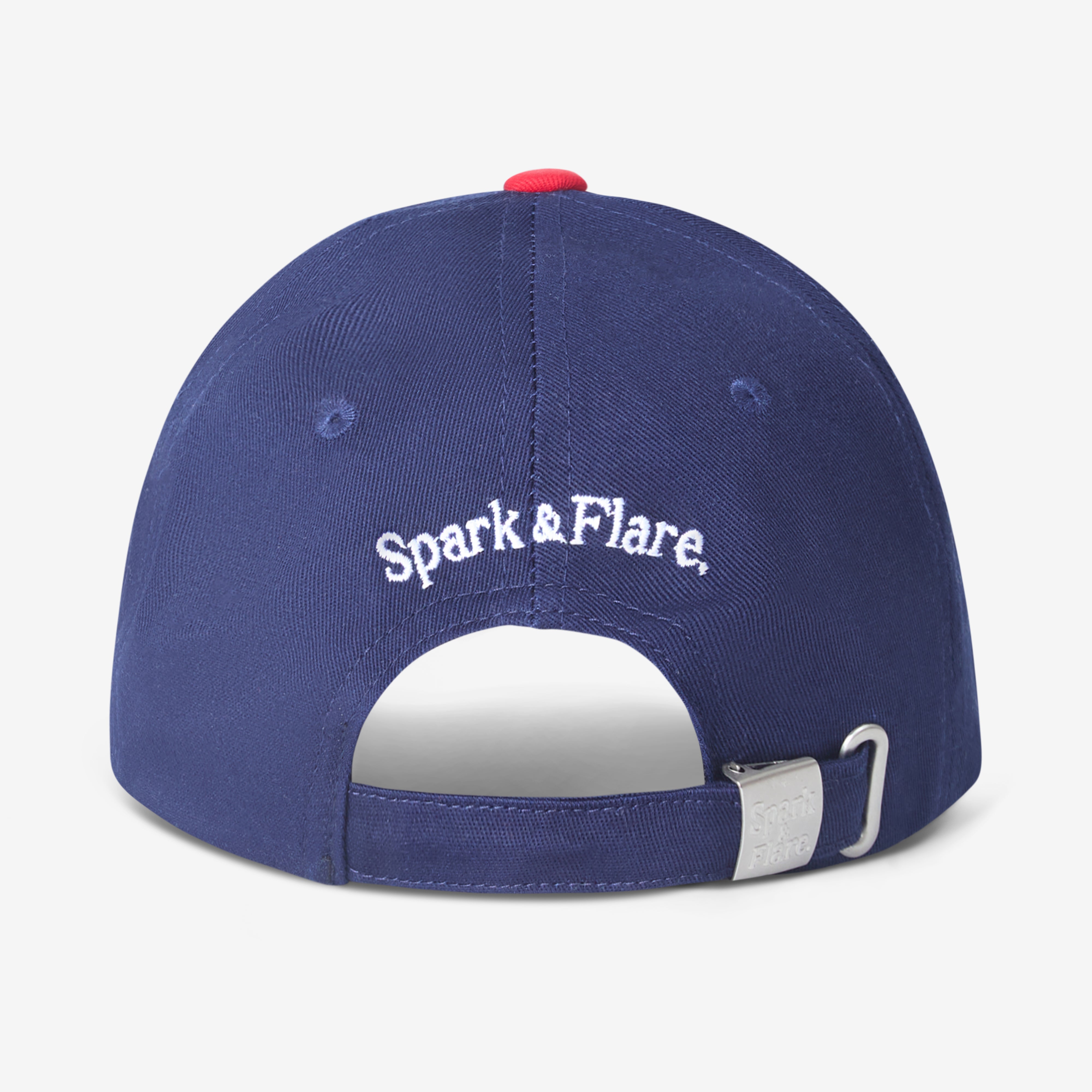 Back of a Navy and red cap with Spark & Flare branded and branded clasp