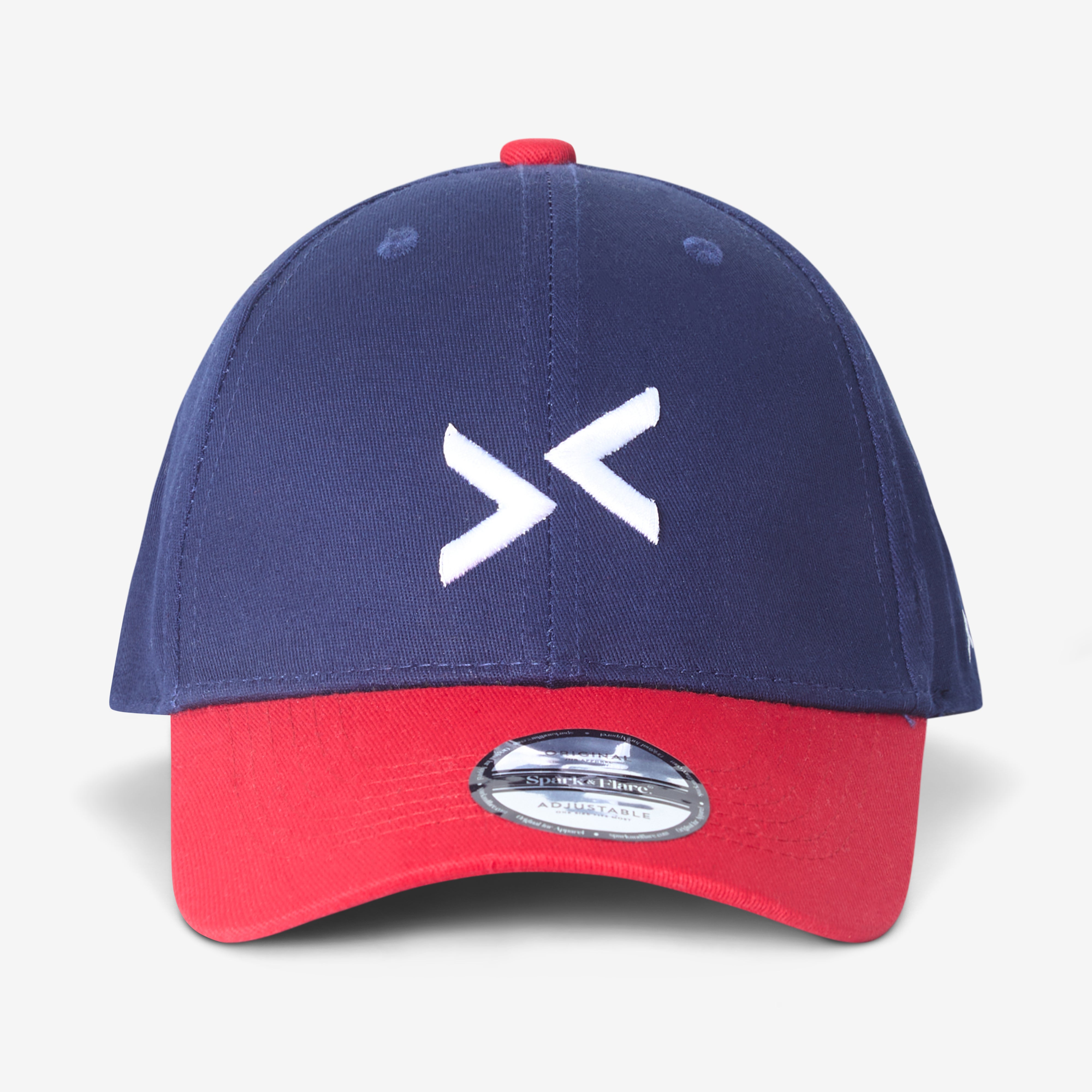 Navy and red cap with Spark & Flare arrow logo in white
