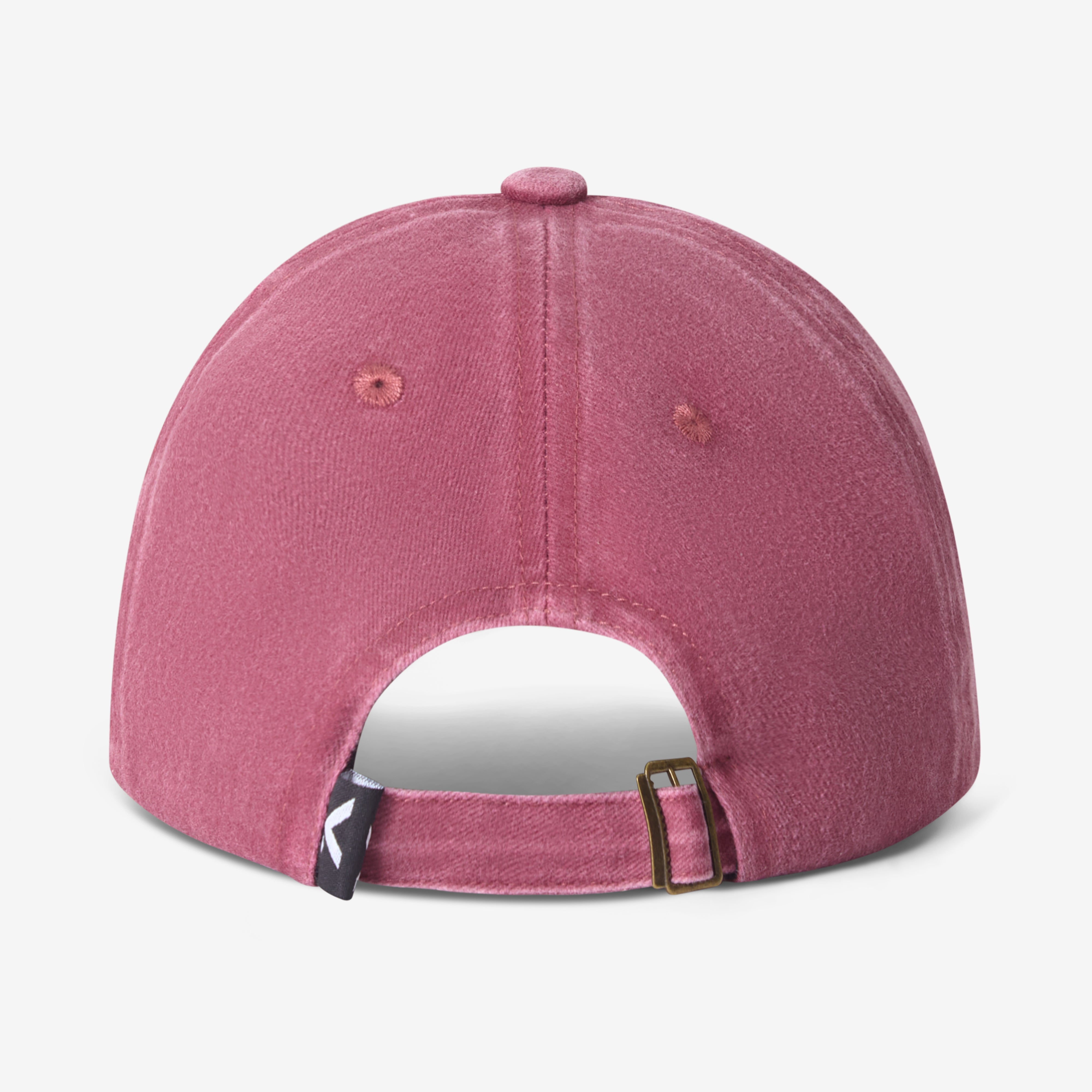 Back of a washed red Spark & Flare baseball cap with branded label and buckle