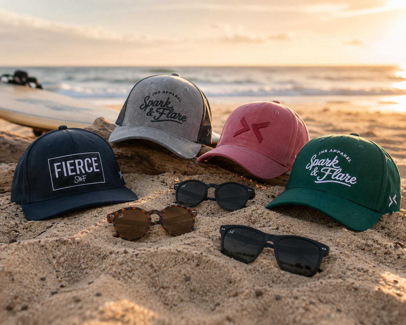 Five baseball caps and sunglasses arranged on sand at the beach during sunset. The caps include a grey trucker hat, a green baseball cap a burgundy baseball cap and a black flat brim cap all with 'Spark & Flare' branding.