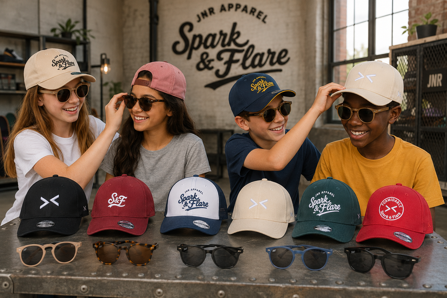 Four children trying on Spark & Flare hats and sunglasses, with Spark & Flare branding in the background.