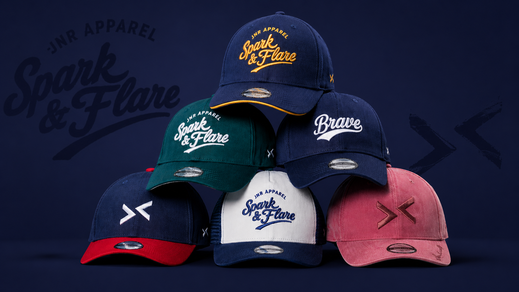 Spark & Flare junior apparel baseball caps, displayed in a pyramid of caps.