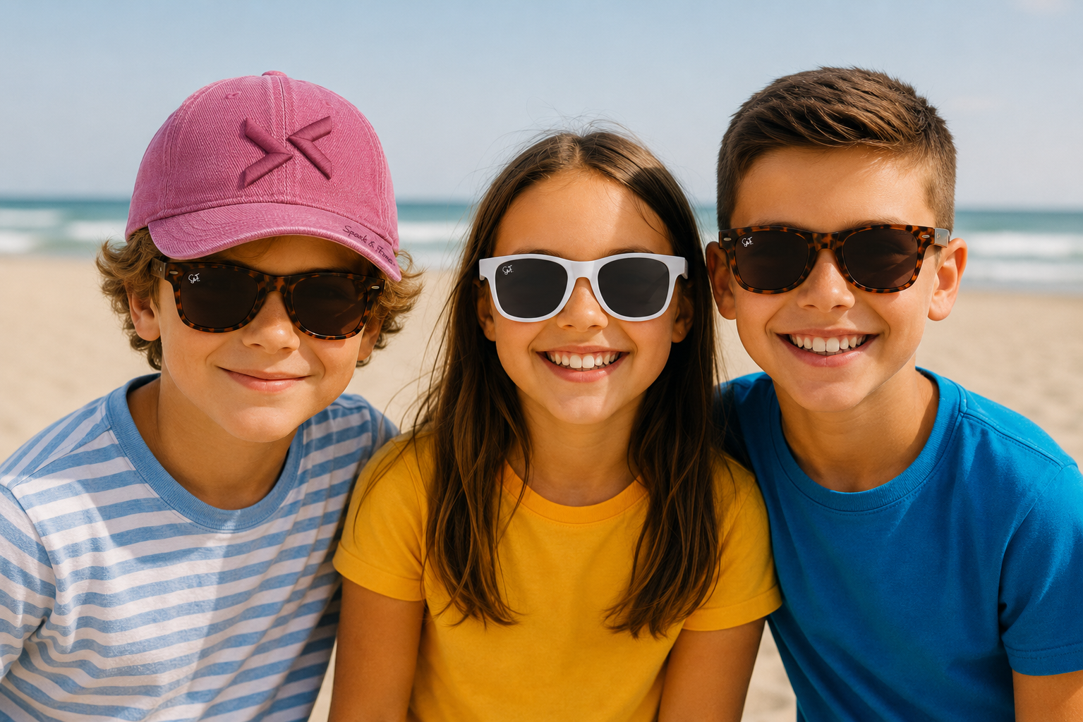 Spark & Flare junior apparel worn by juniors on a beach featuring premium polarised sunglasses and a premium Spark & Flare burgundy cap.