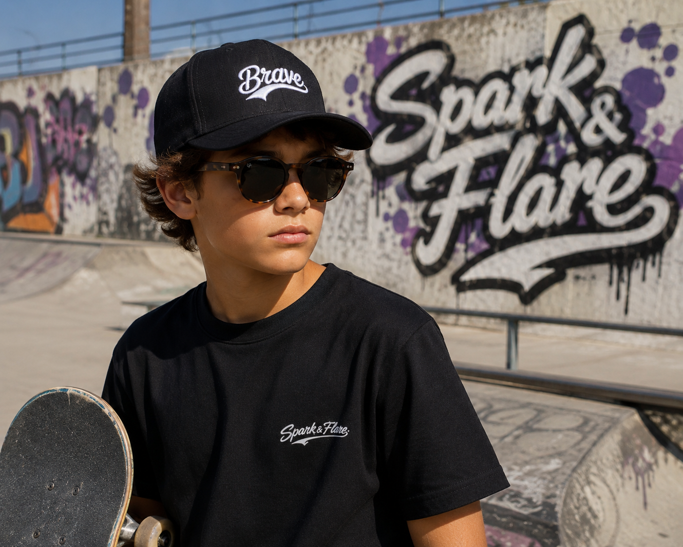 Young person wearing a black cap and sunglasses, holding a skateboard, with 'Spark & Flare' graffiti in the background.