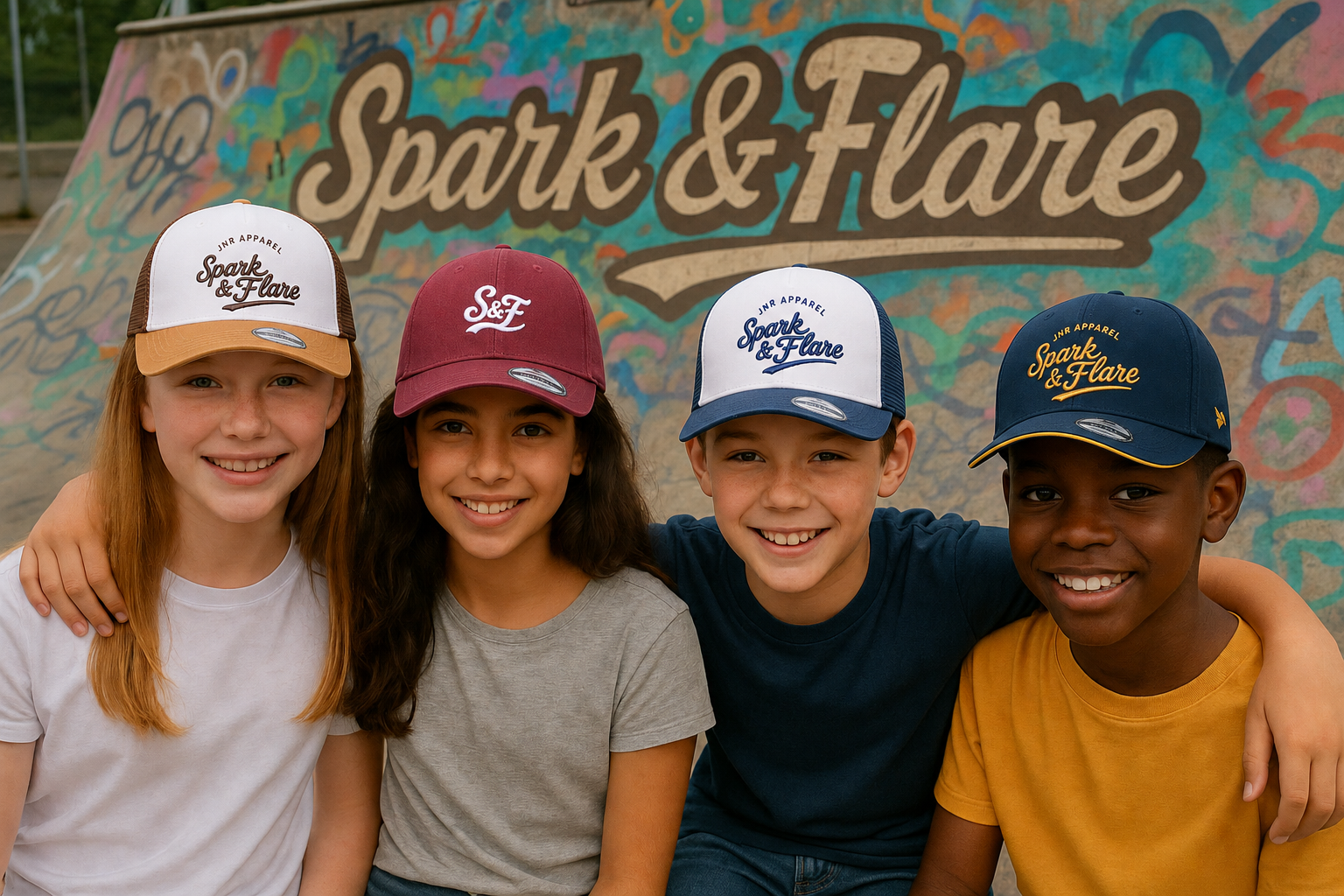 Four children wearing 'Spark & Flare' caps in front of a colourful wall with the brand name Spark & Flare in graffiti.