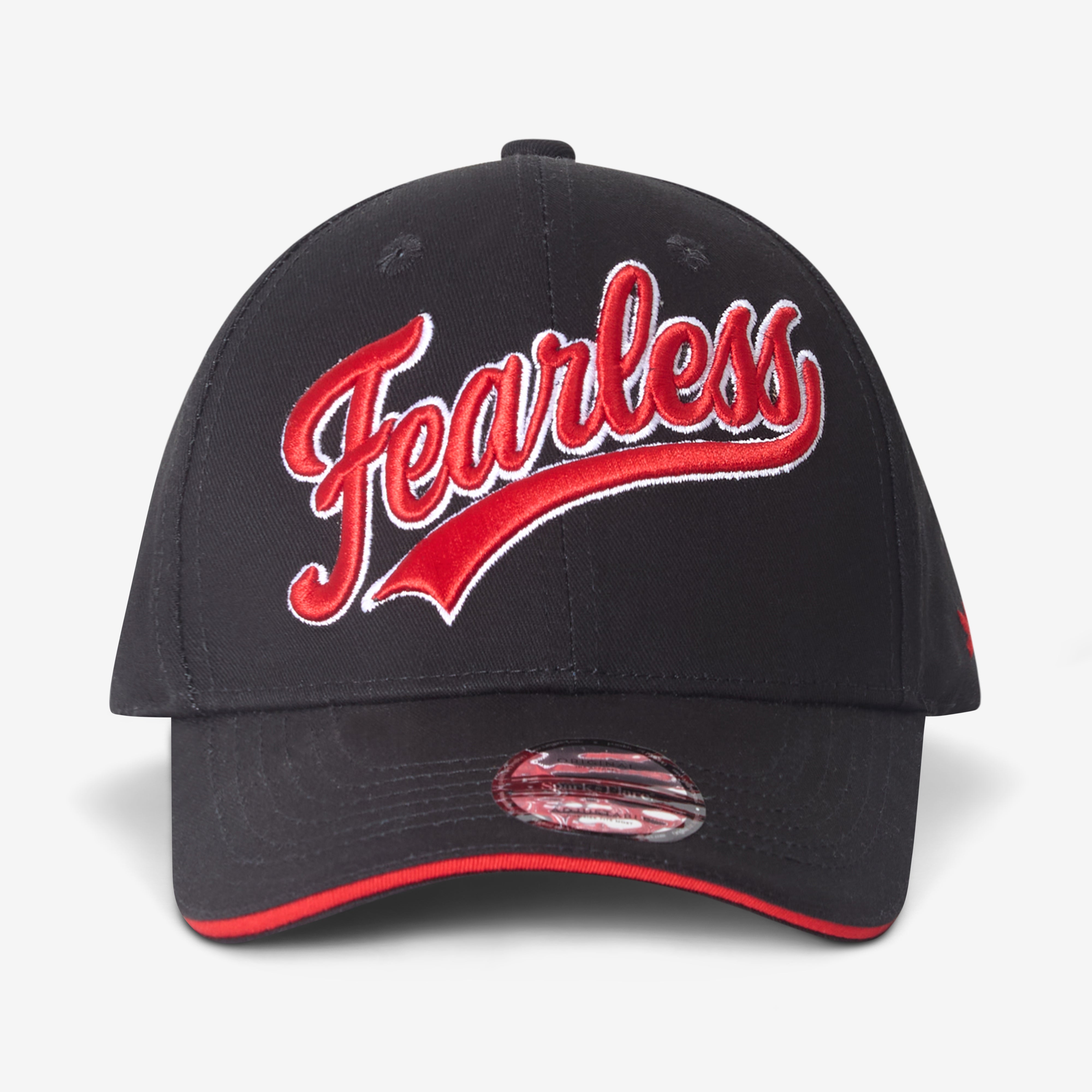 Black Spark & Flare Fearless baseball cap with red script and red trim