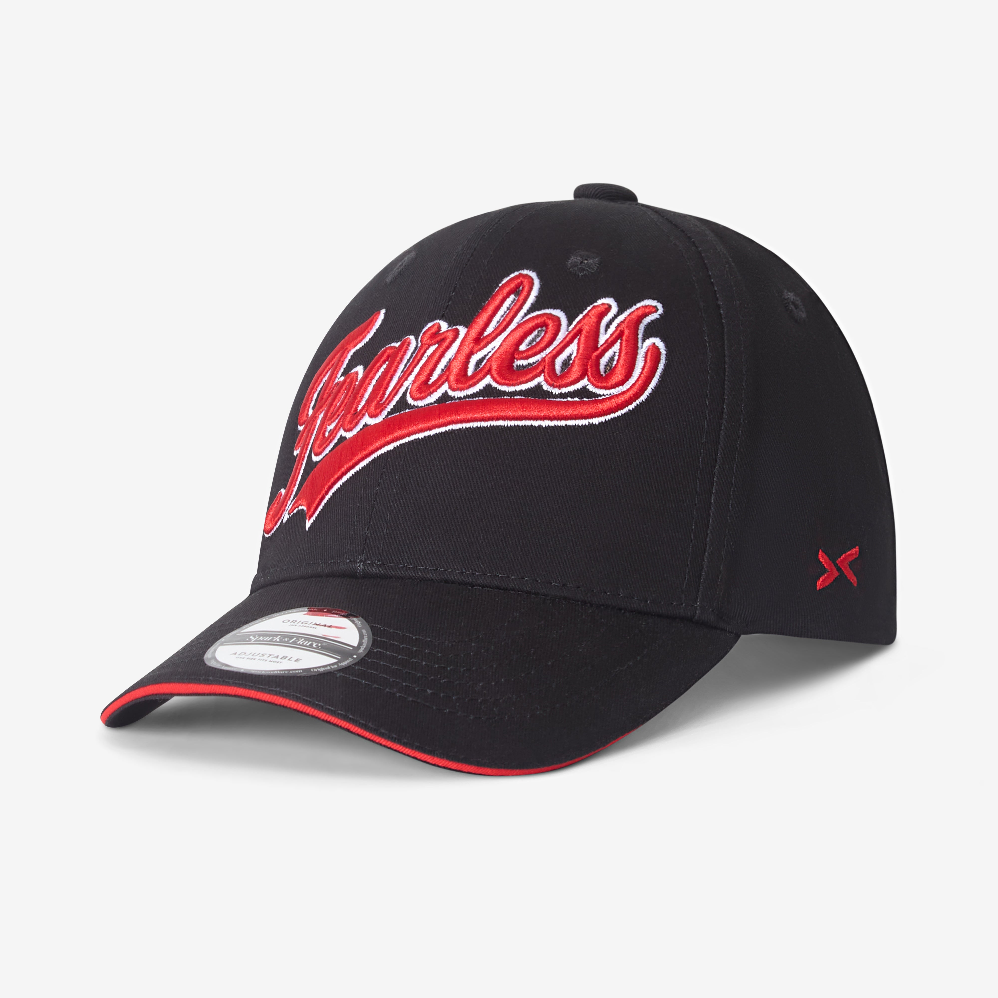 Black Spark & Flare Fearless baseball cap with red script and red trim