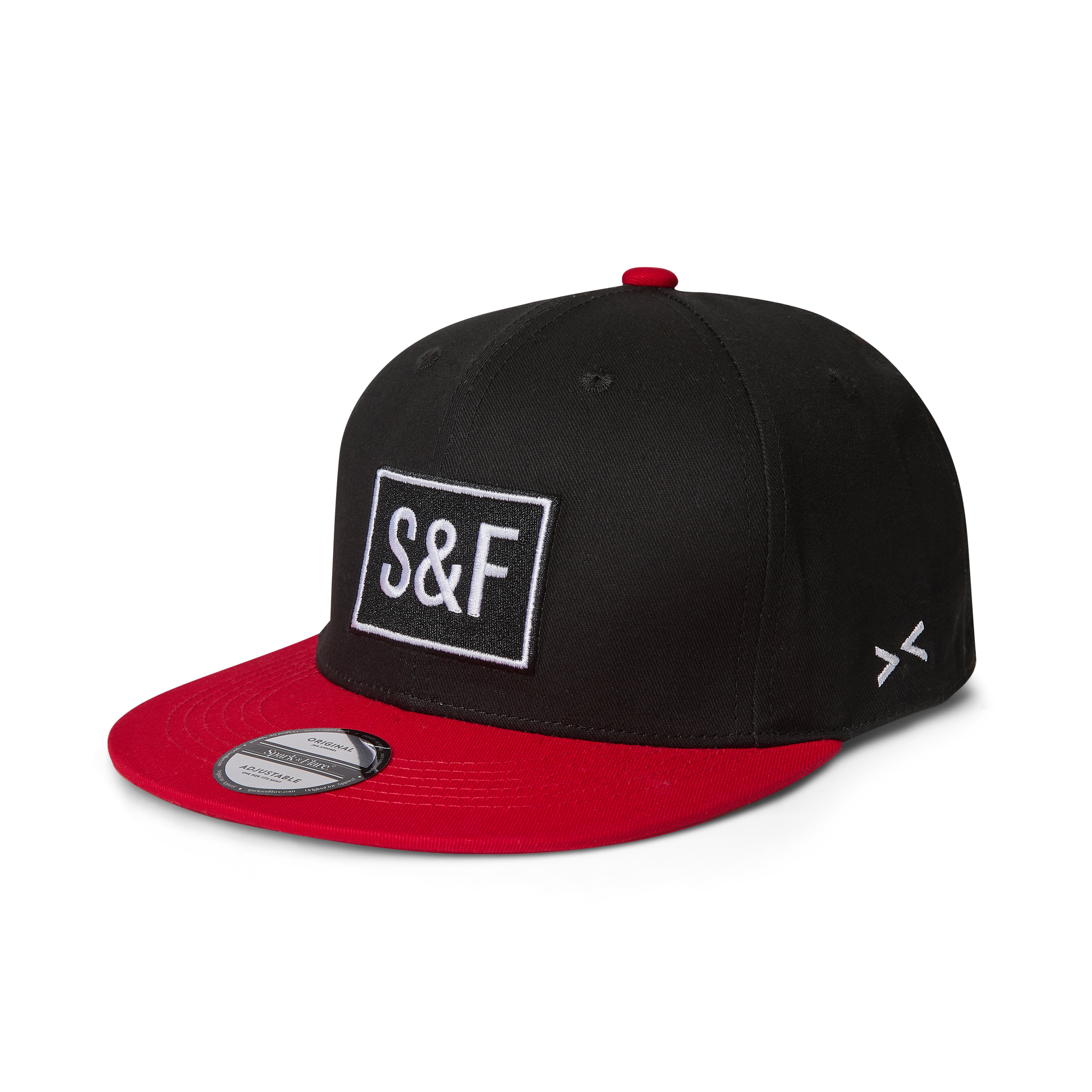 A black and red snapback cap with a white embroidered 'S&F' logo patch on the front, shown on a clean white background.