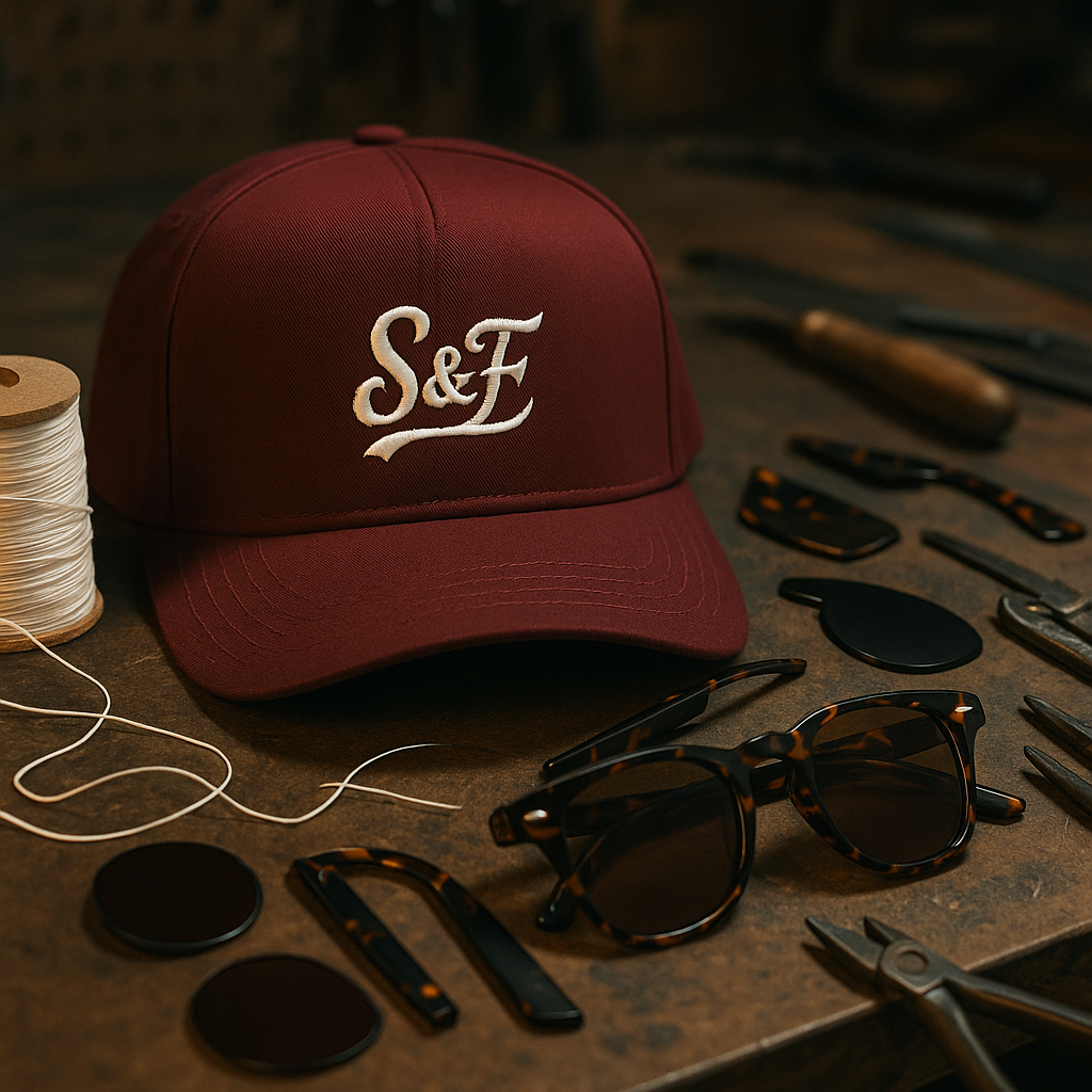 Maroon cap with 'S&F' logo on a table with sunglasses and tools