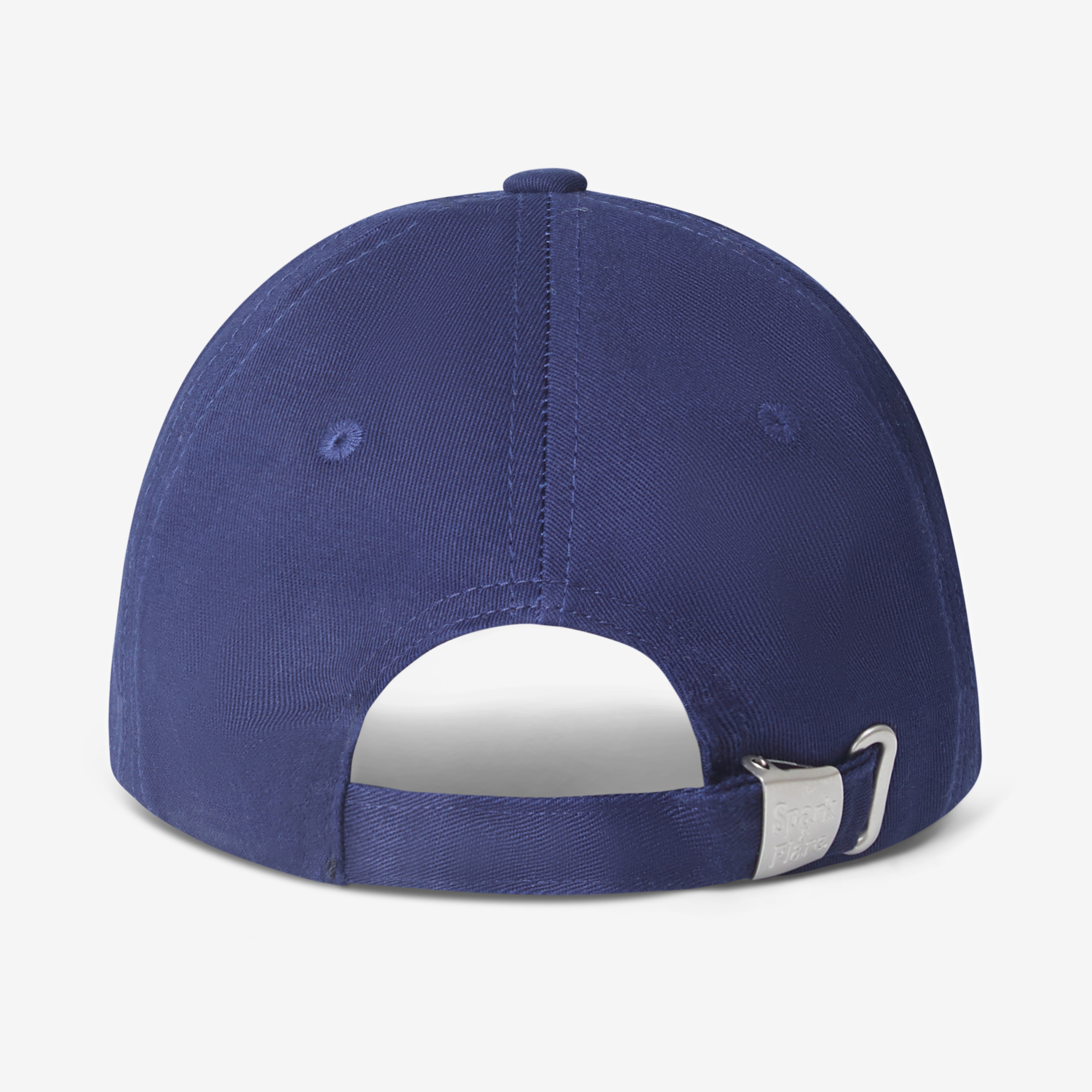 Blue Spark & Flare baseball cap showing the back and strap with branded clasp