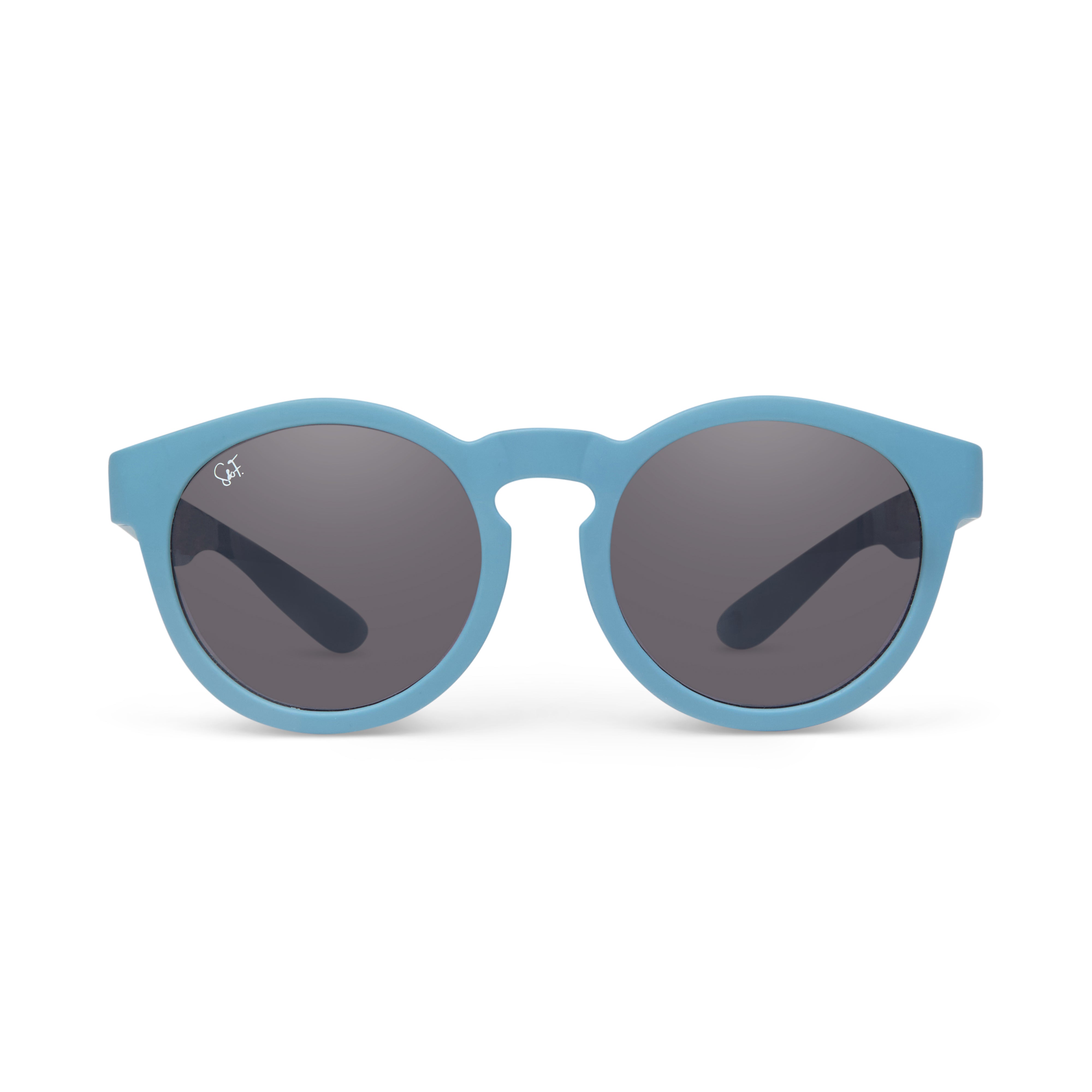 Blue Spark & Flare round sunglasses with dark lenses on a white