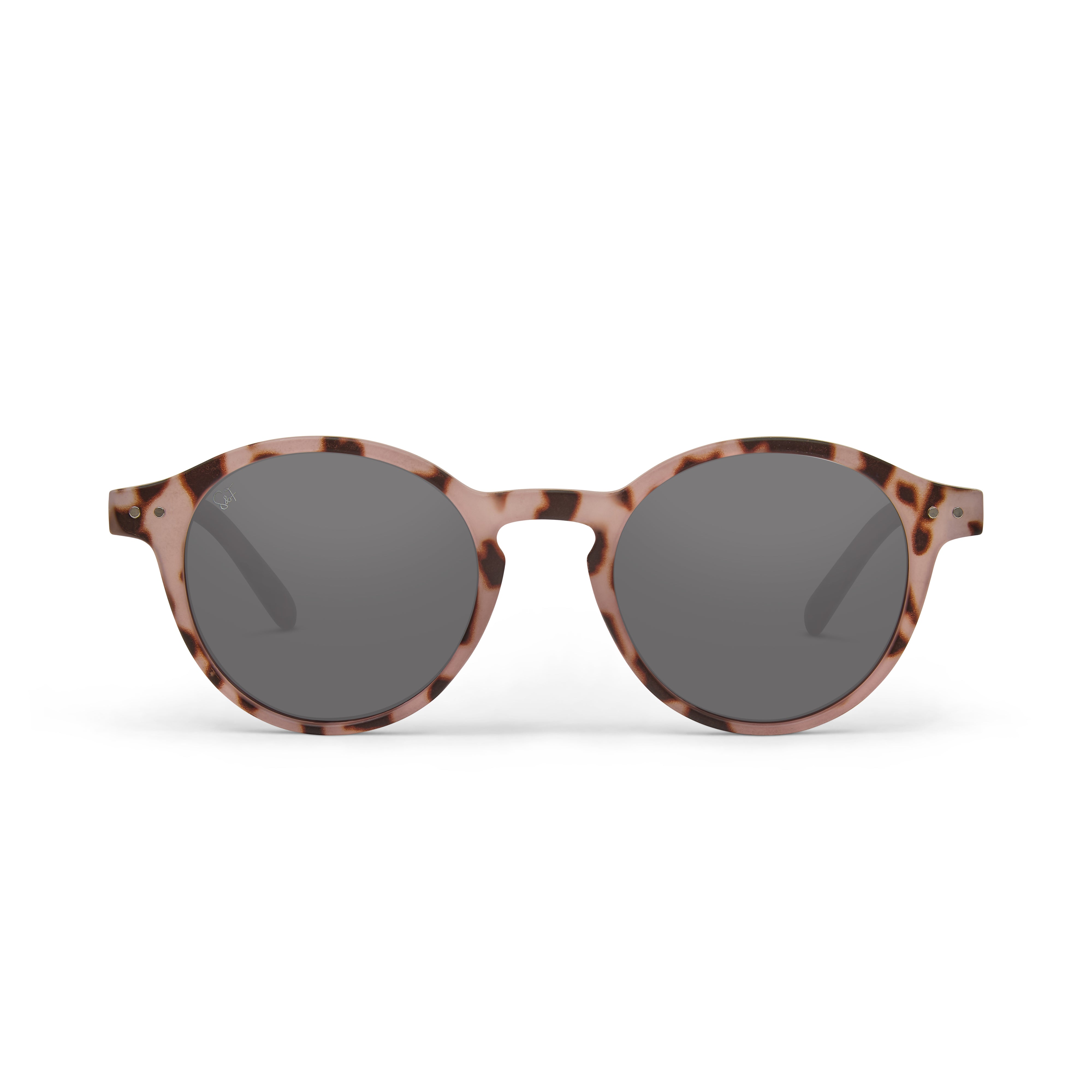 Spark & Flare round sunglasses in a pink blush tortoise shell frame with grey polarized lenses