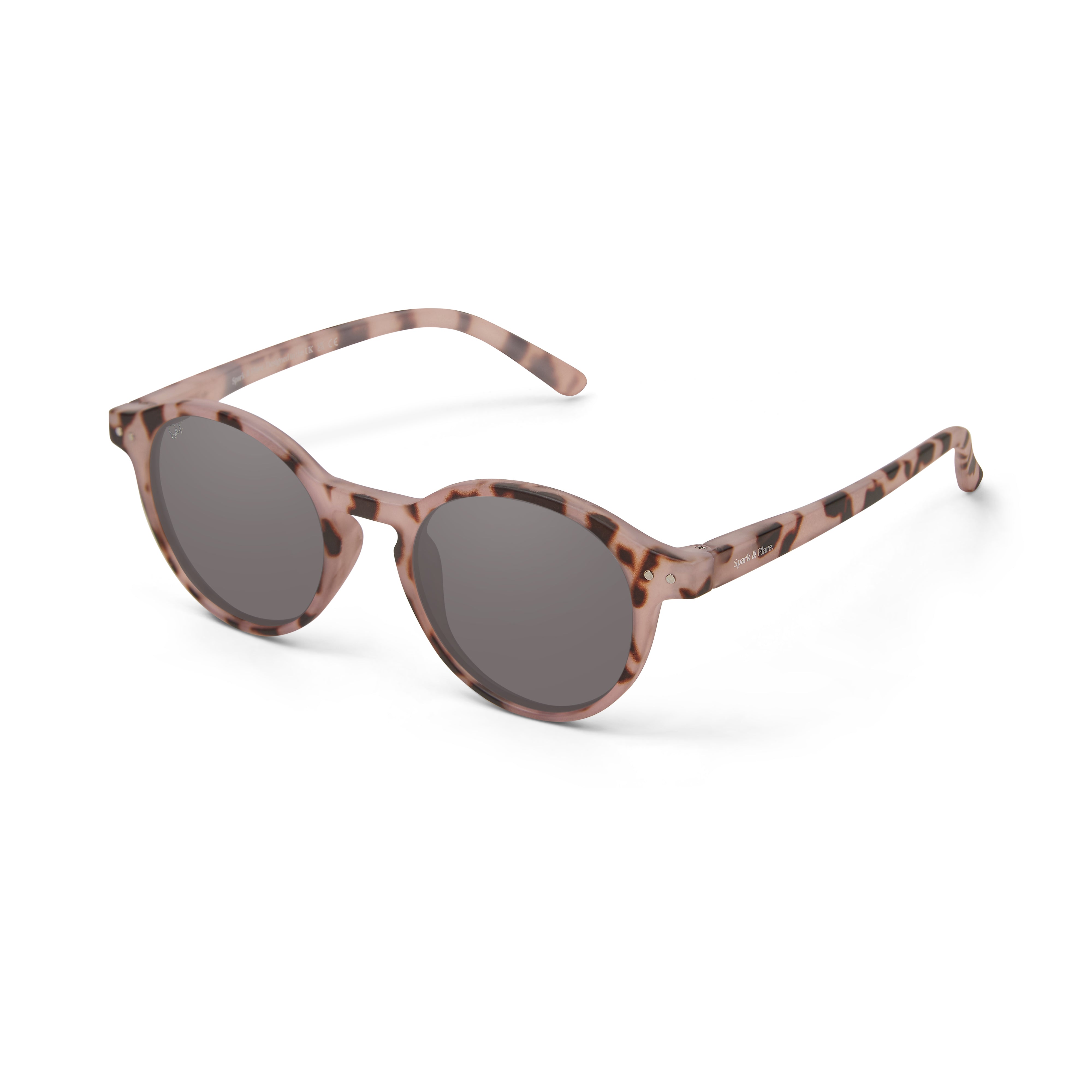 Round sunglasses with a brown and beige tortoiseshell patterned frame and dark gray lenses, shown on a clean white background.