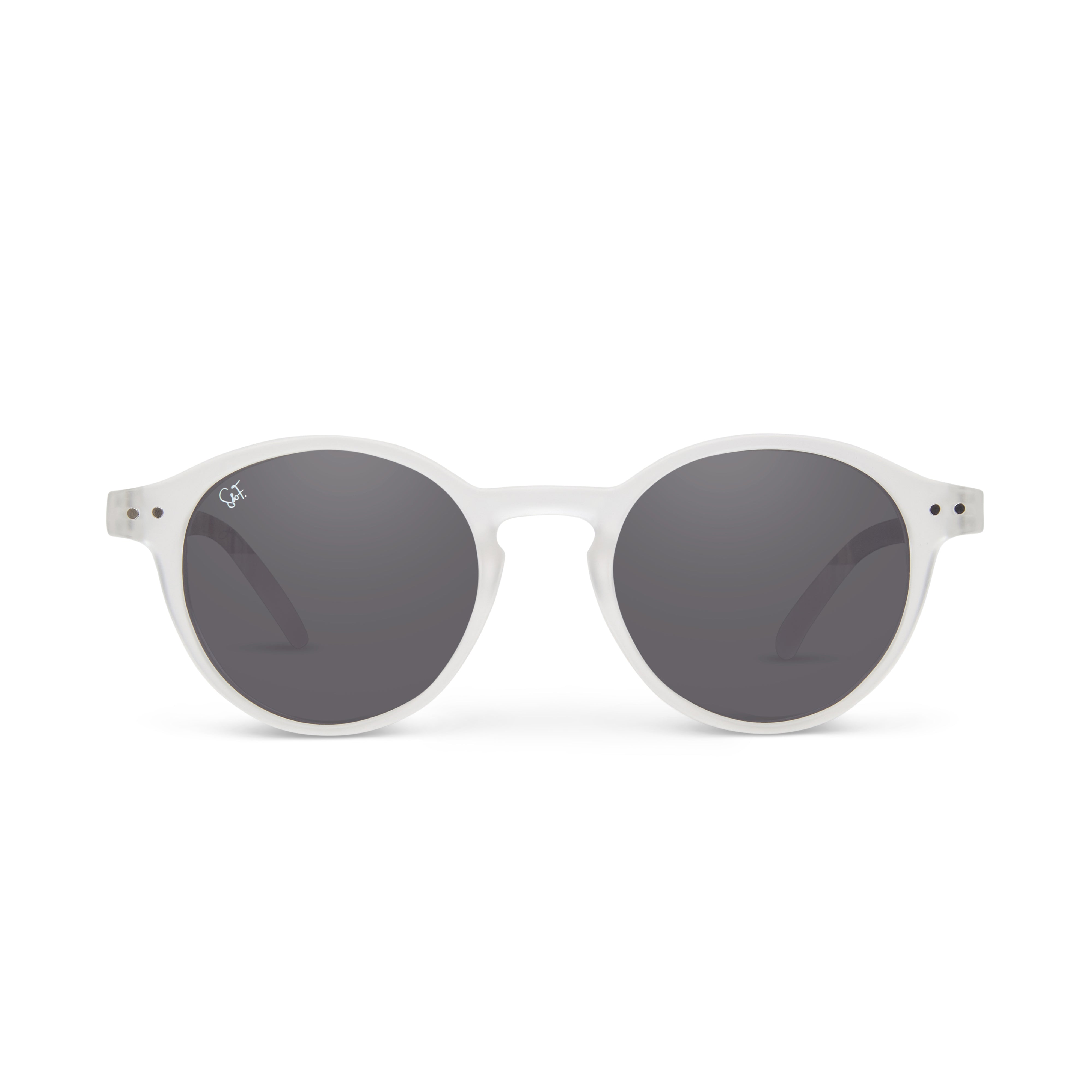 Clear Spark & Flare round sunglasses with dark lenses on a white background