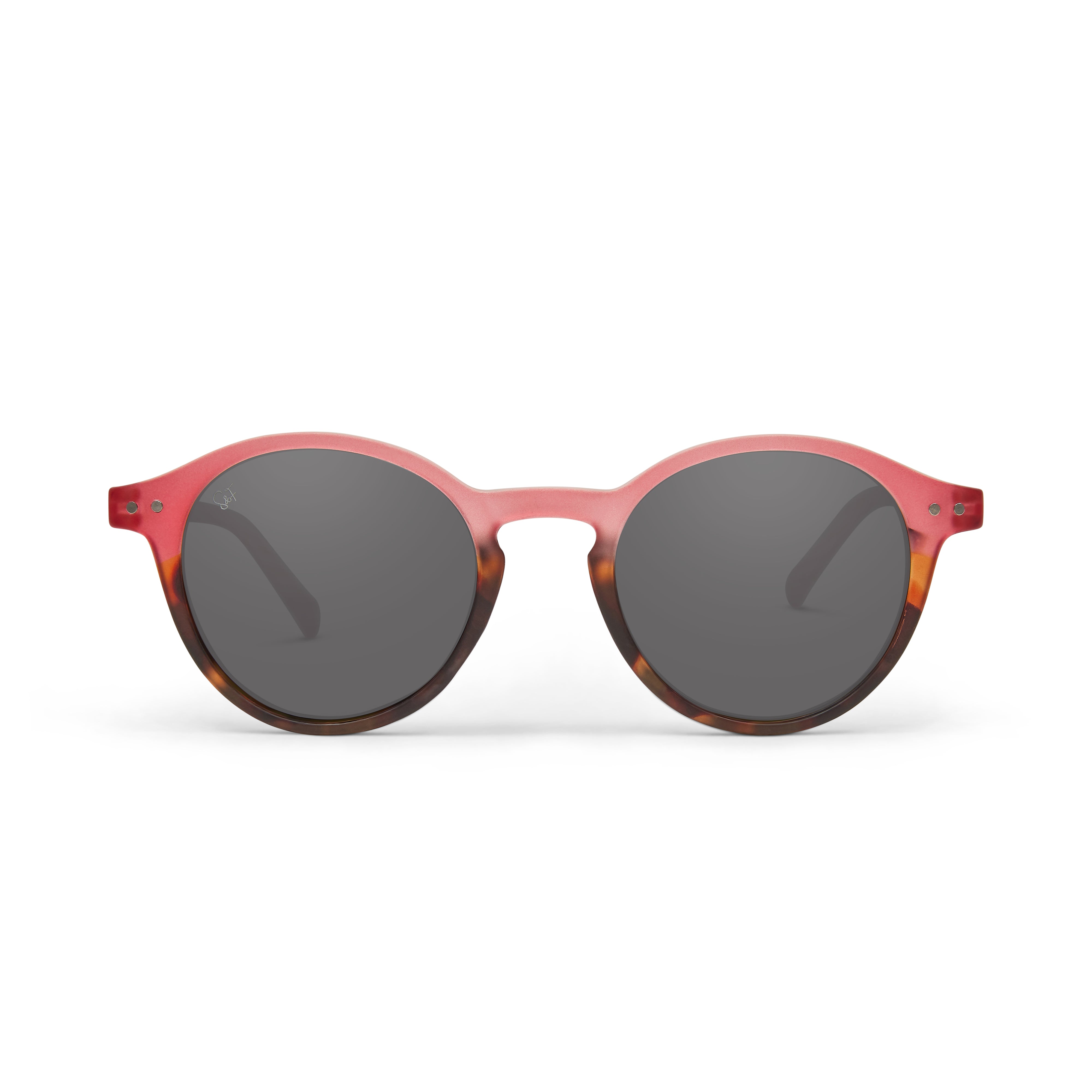 Round sunglasses with translucent pink acetate frames, dark gray lenses, and brown tortoiseshell acetate detailing along the lower rims, shown against a plain white background.