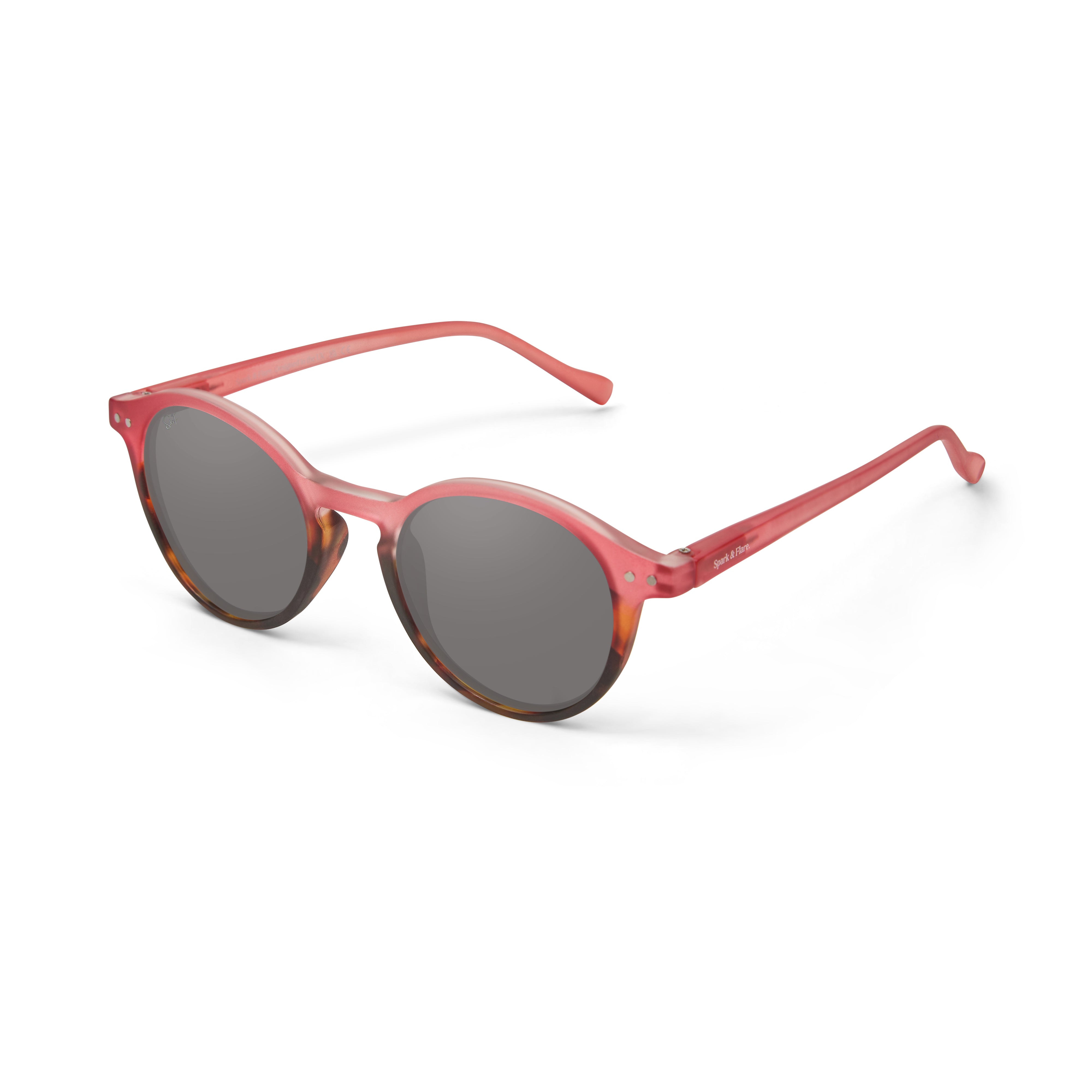 Spark & Flare round sunglasses with a coral and tortoise shell frame and polarized lenses