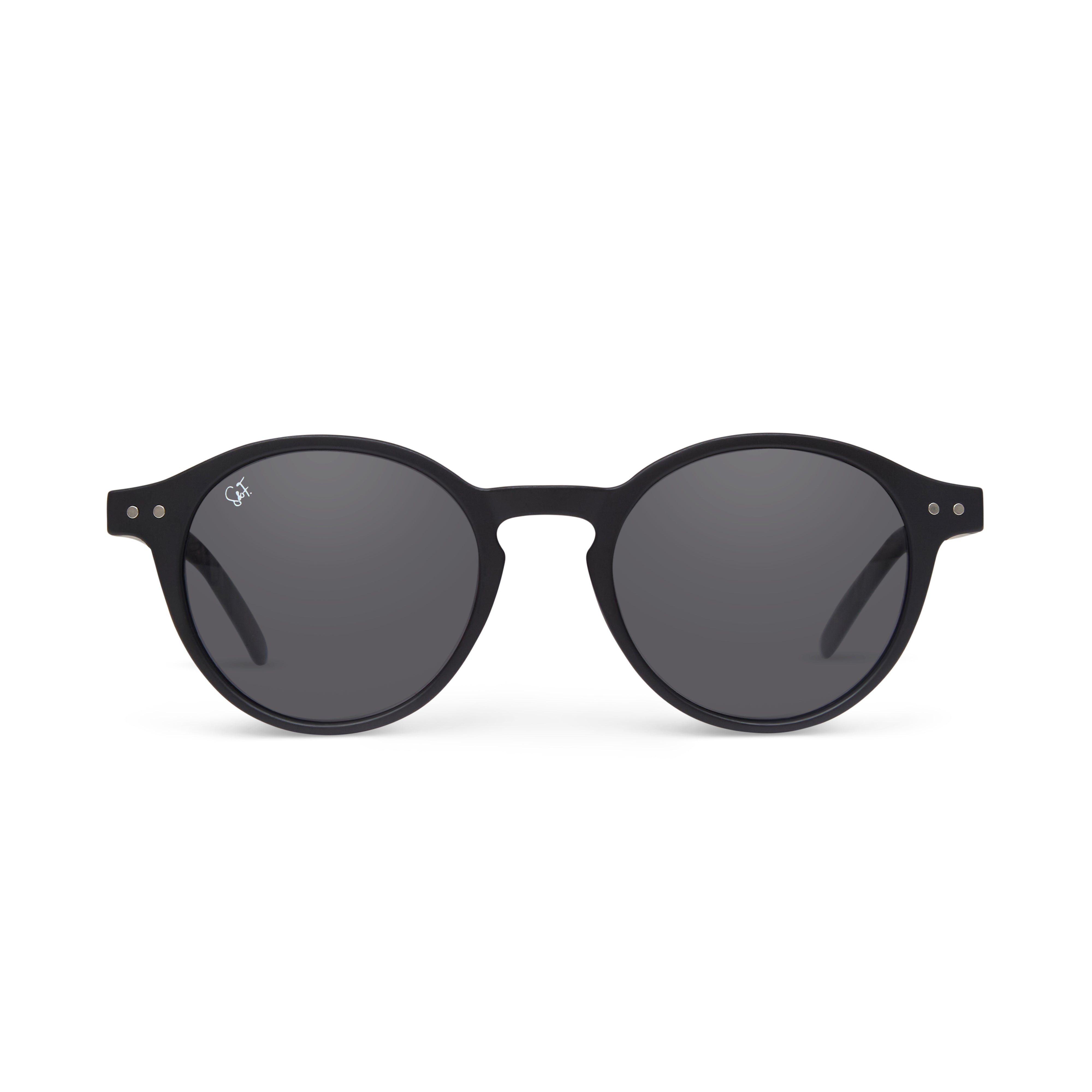 Black Spark & Flare round sunglasses with dark lenses on a white background