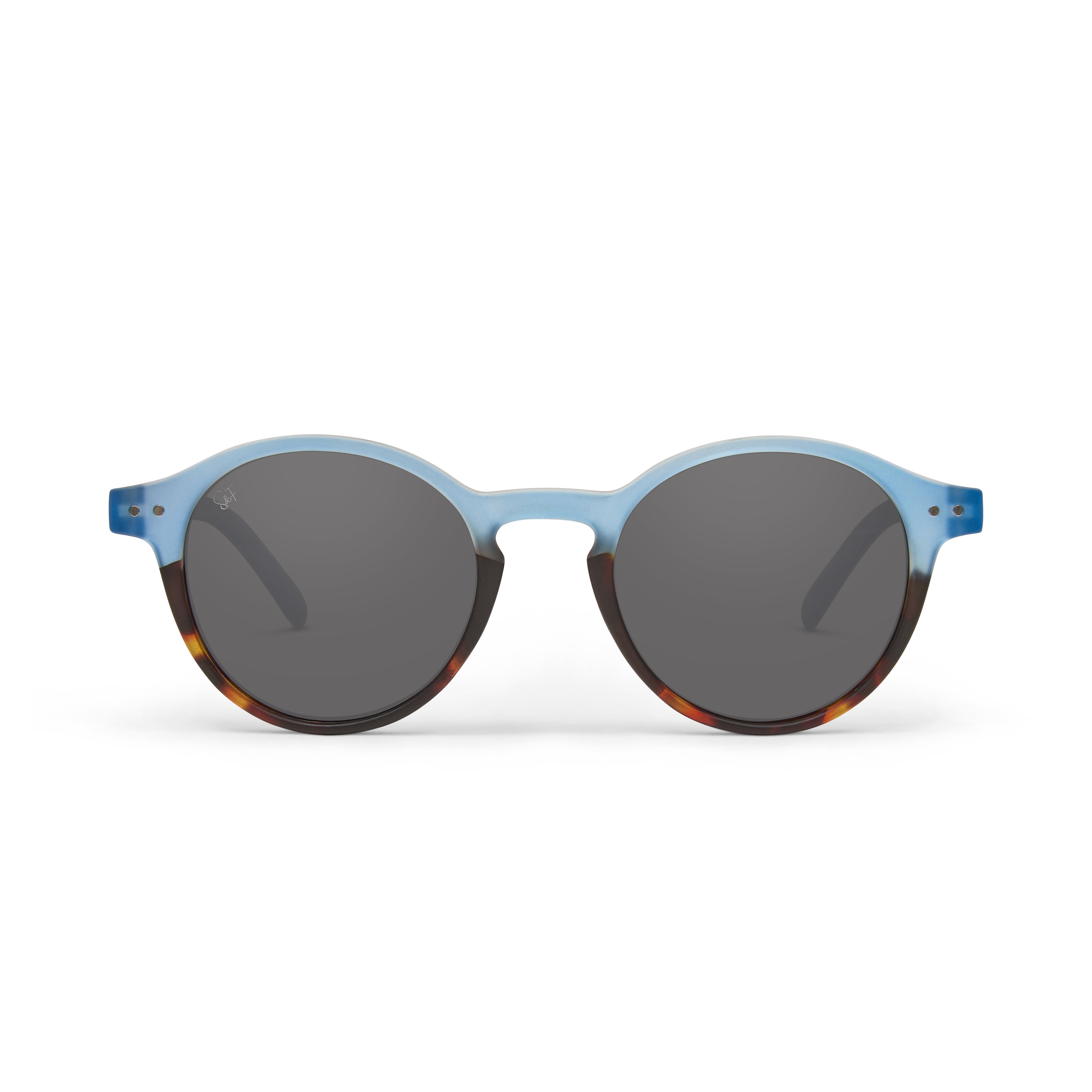 Spark & Flare sunglasses with a light blue and brown tortoise shell frame and grey polarized lenses