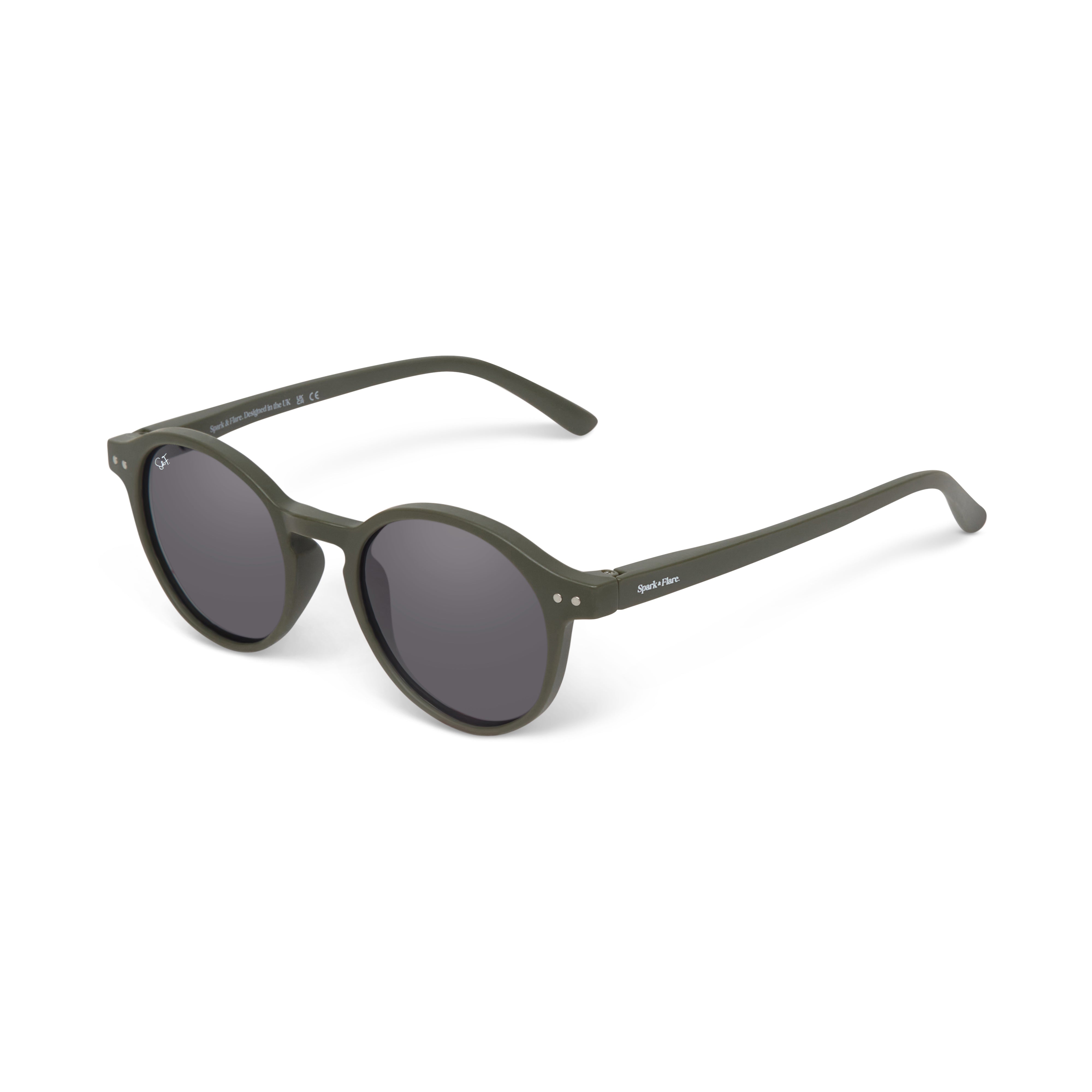 Green Spark & Flare round sunglasses with dark lenses on a white background