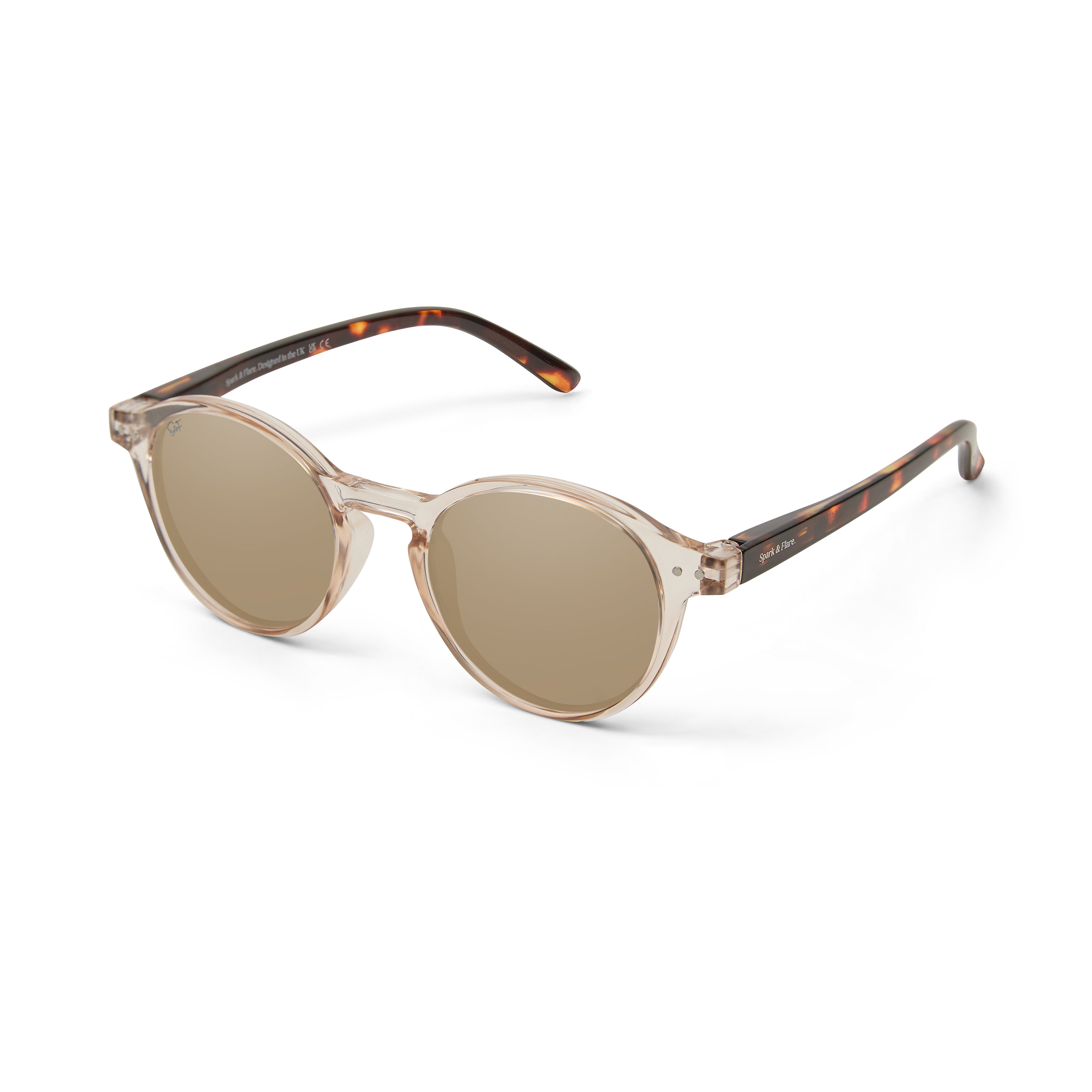 Spark & Flare sunglasses with a sand crystal frame, brown tortoise shell arms and sand lenses