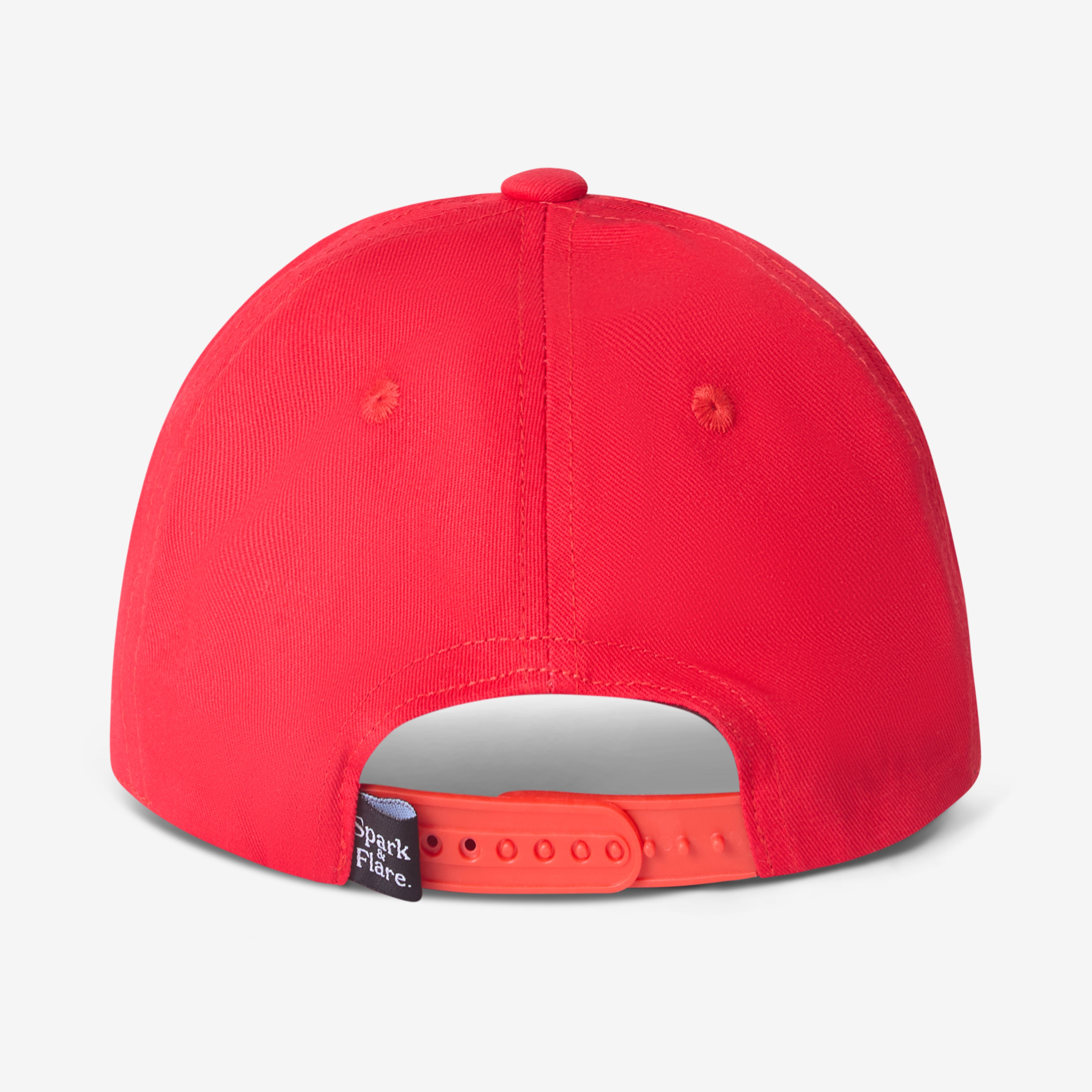 Back of a Red Spark & Flare Formidable flat brim cap with branded label