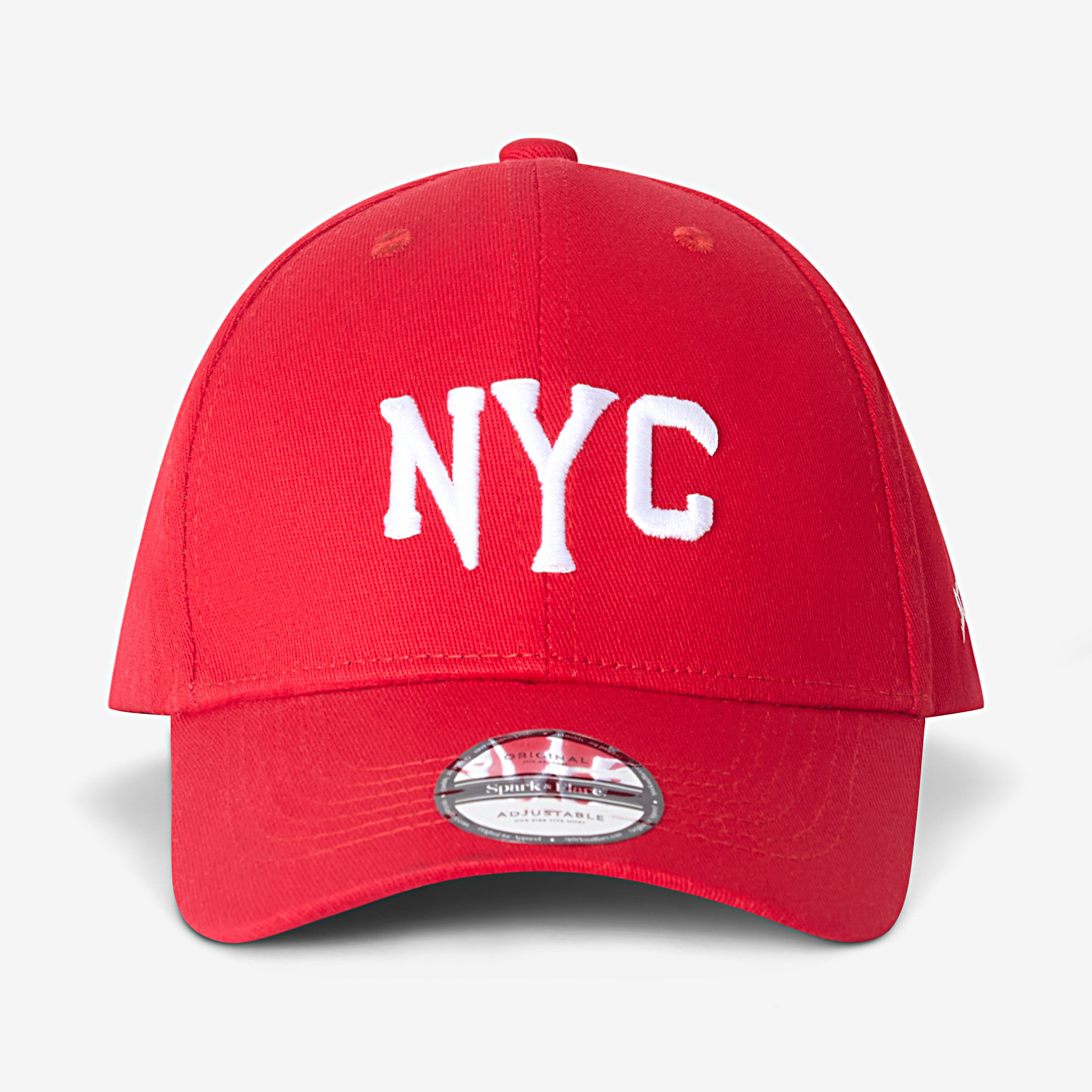 Red Spark & Flare cap with 'NYC' on a white background
