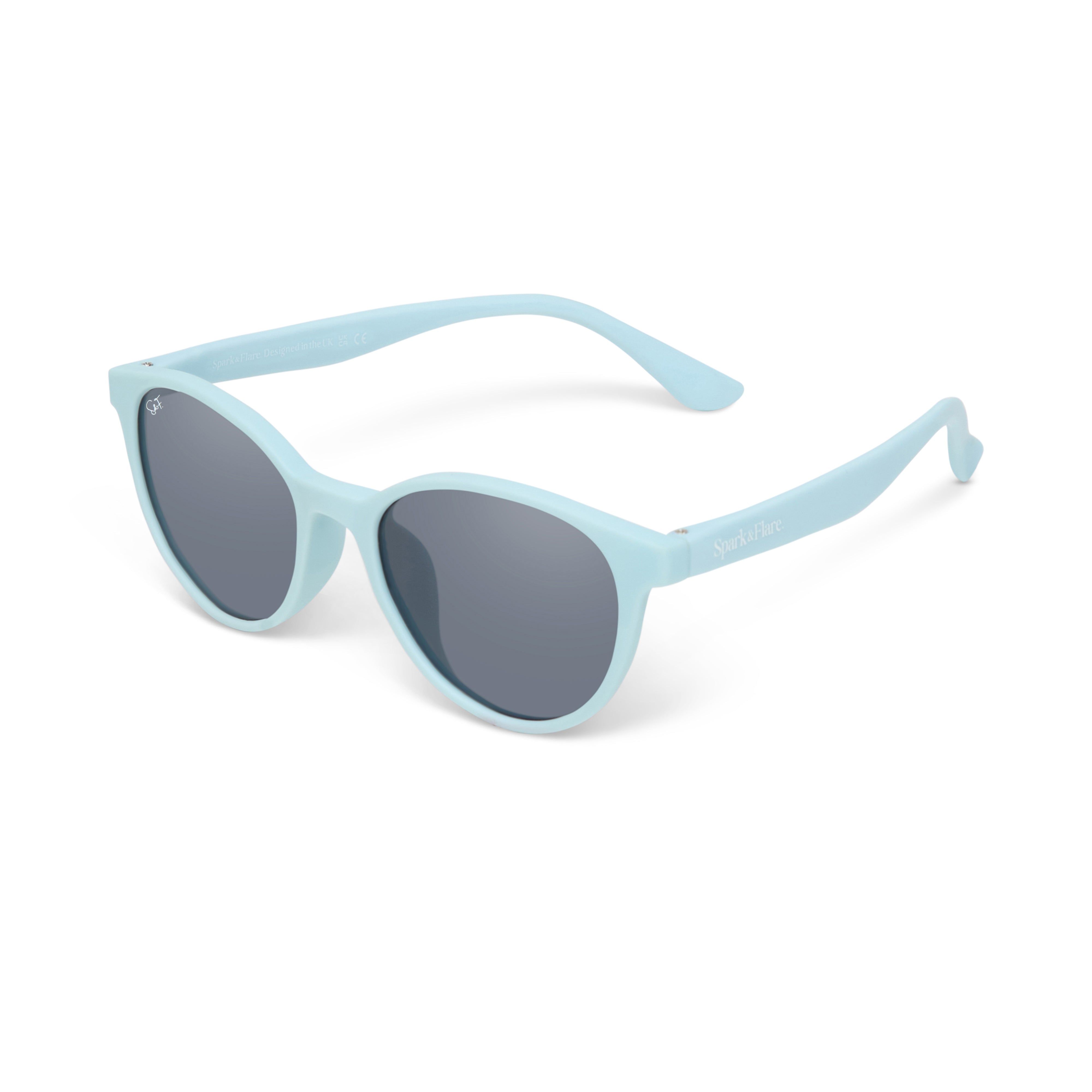 Light blue sunglasses with dark lenses on a white background