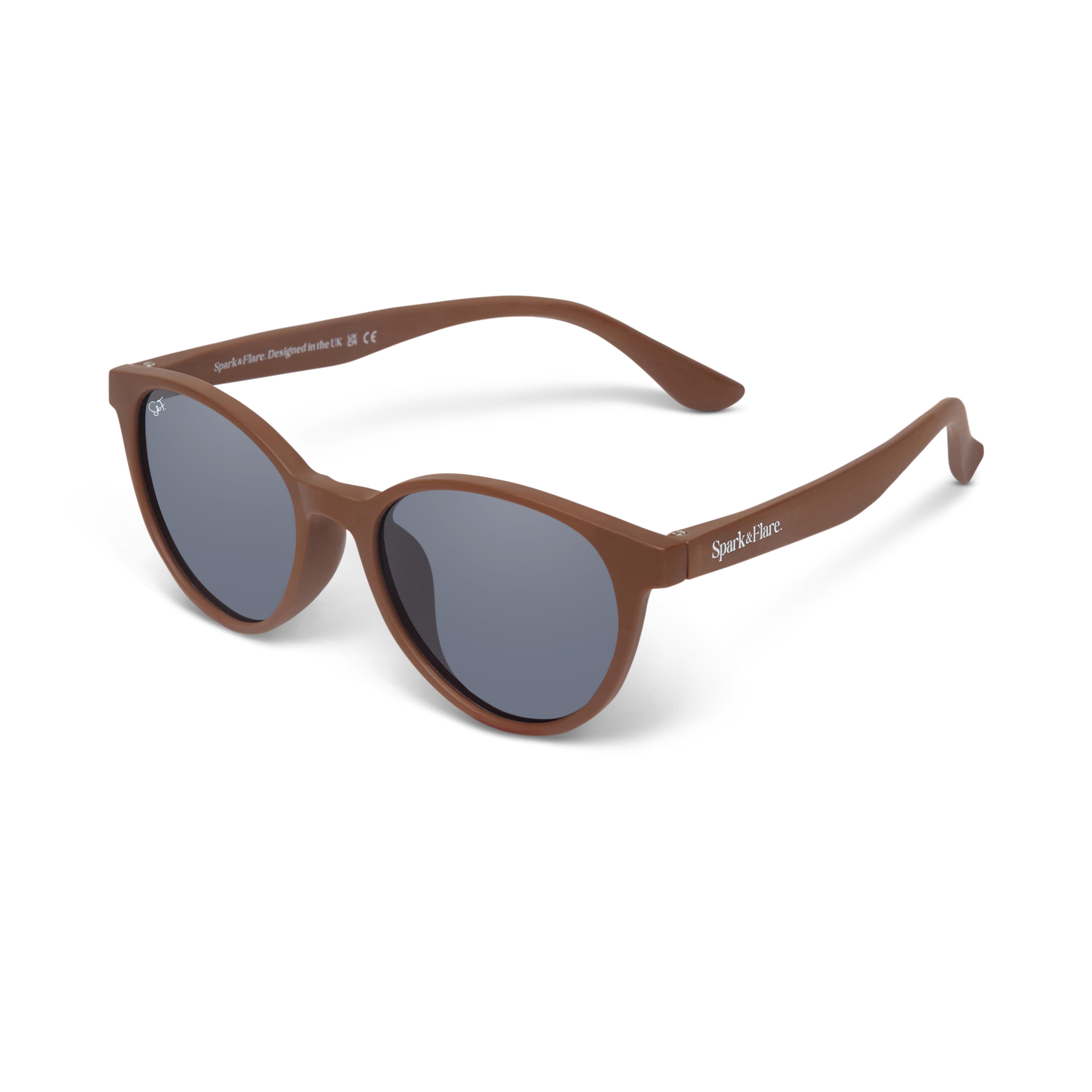 Brown sunglasses with a brand logo on a white background
