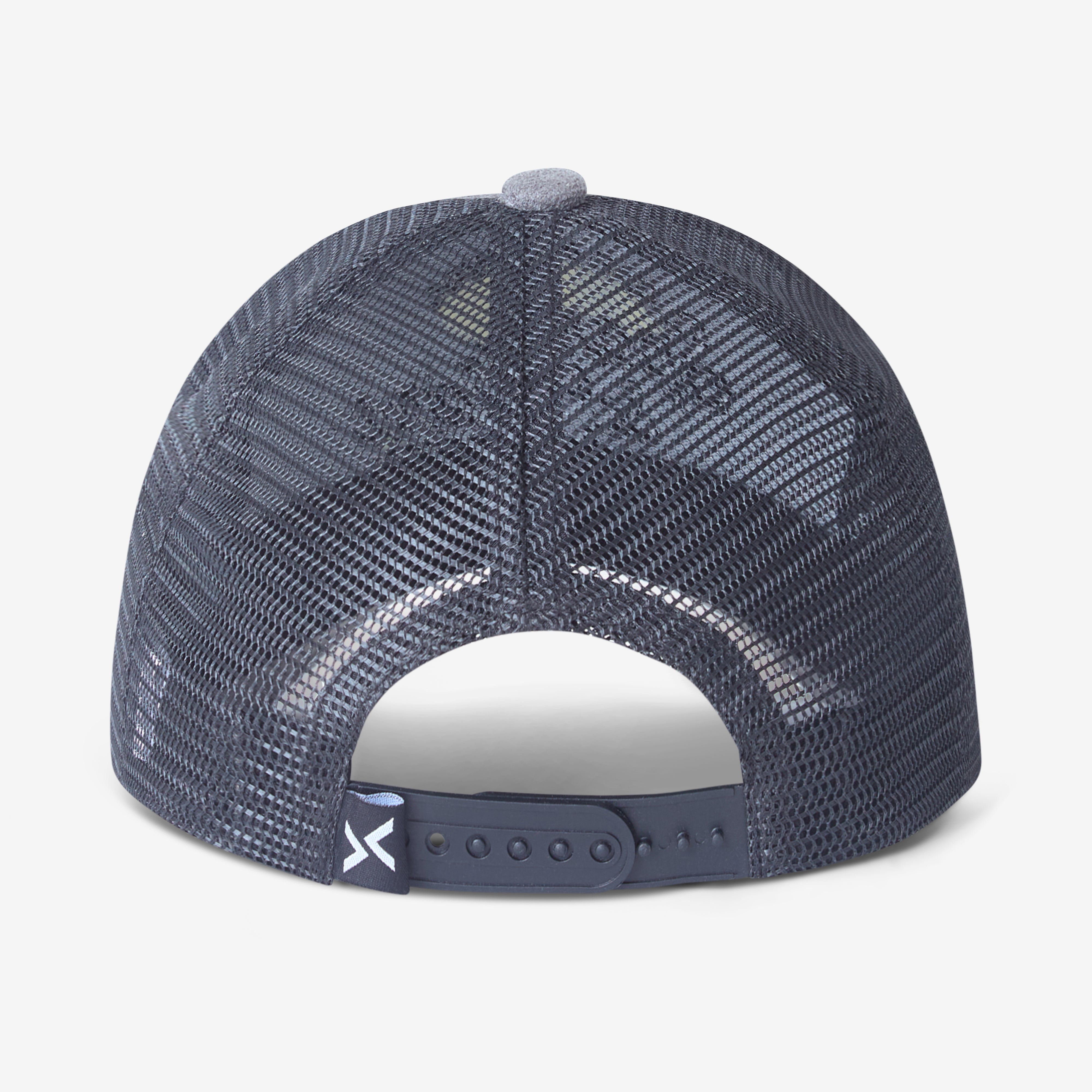 Back of a Grey Trucker cap with 'Spark & Flare' branding on a white background