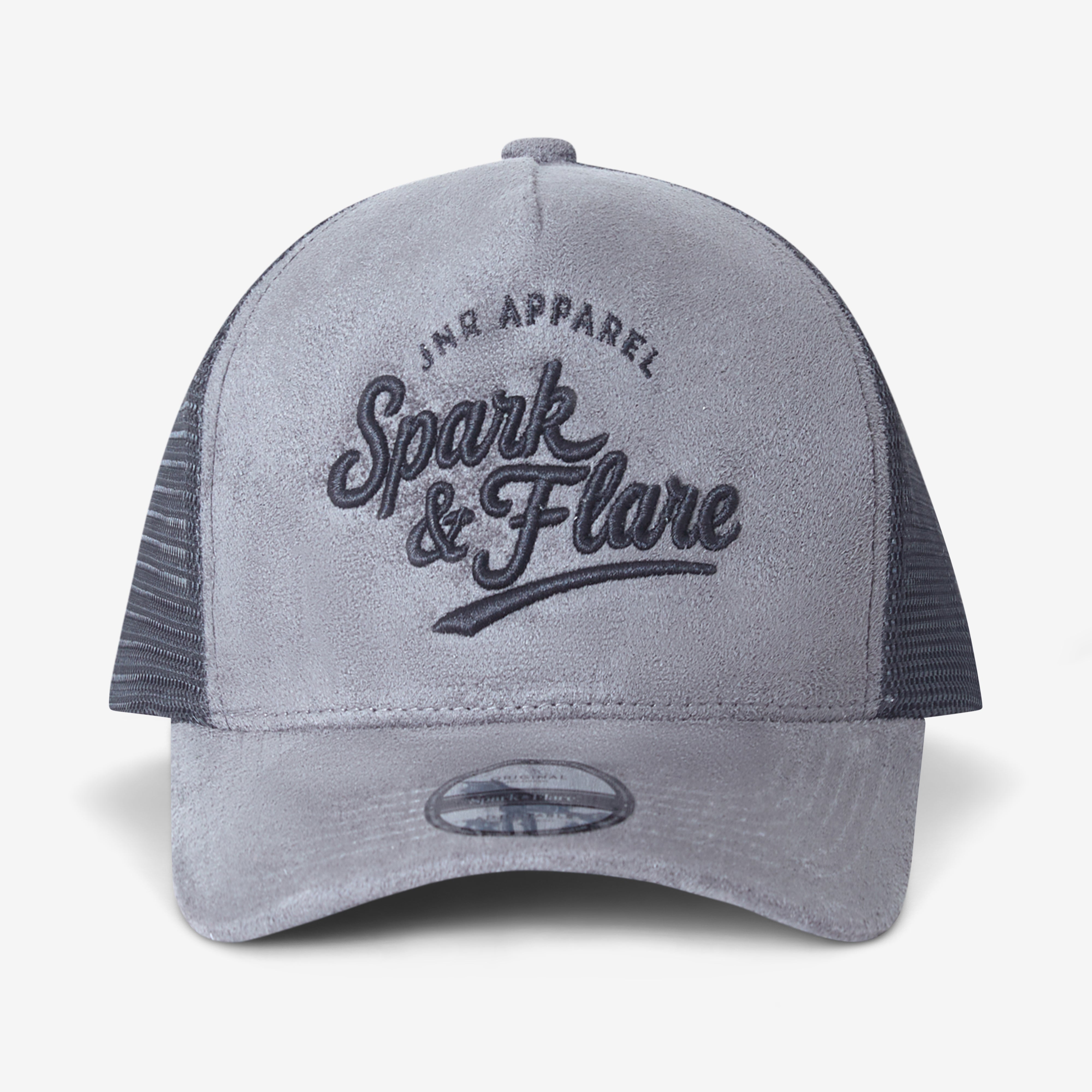 Gray Trucker cap with 'Spark & Flare' branding on a white background
