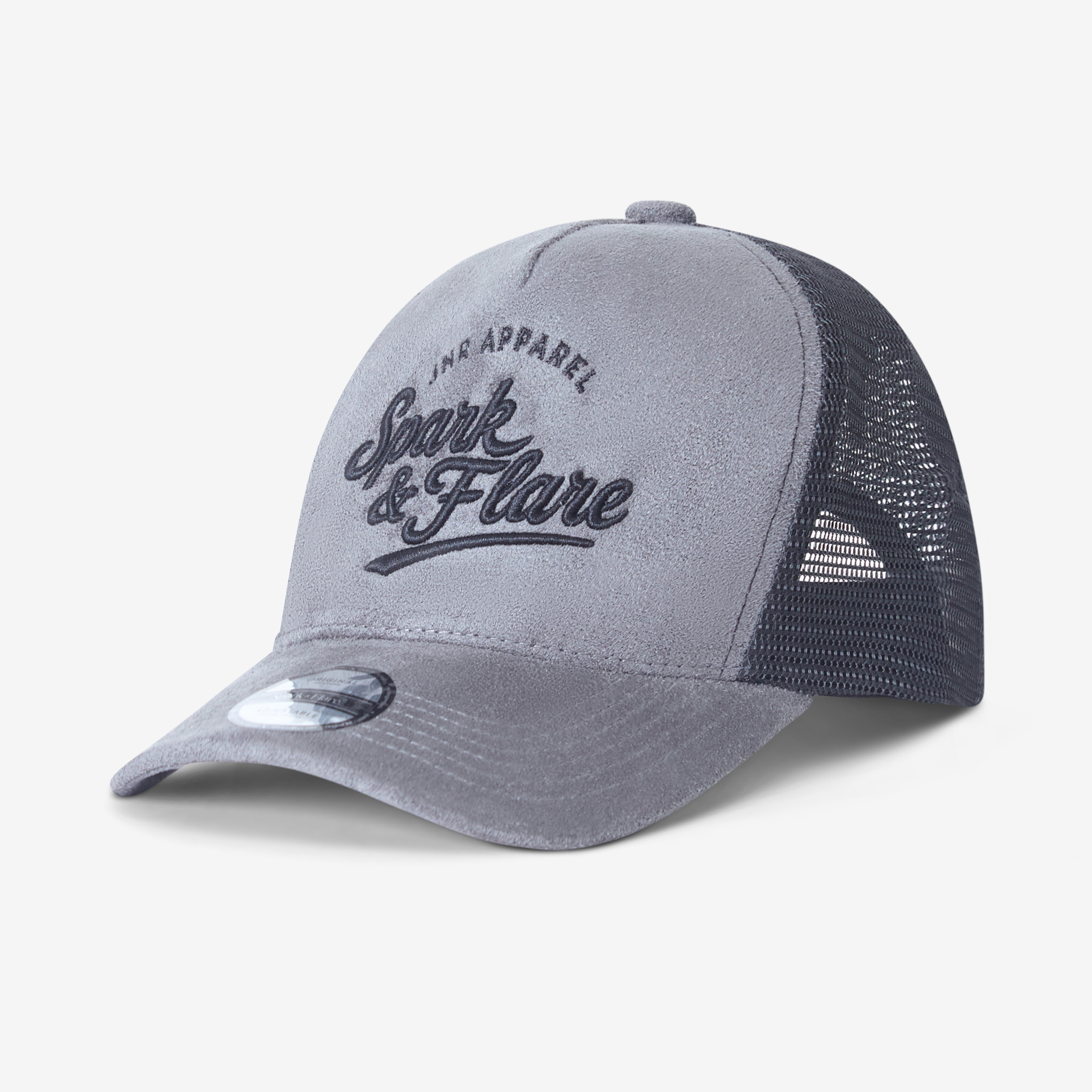 A Spark & Flare Grey and Black Trucker cap
