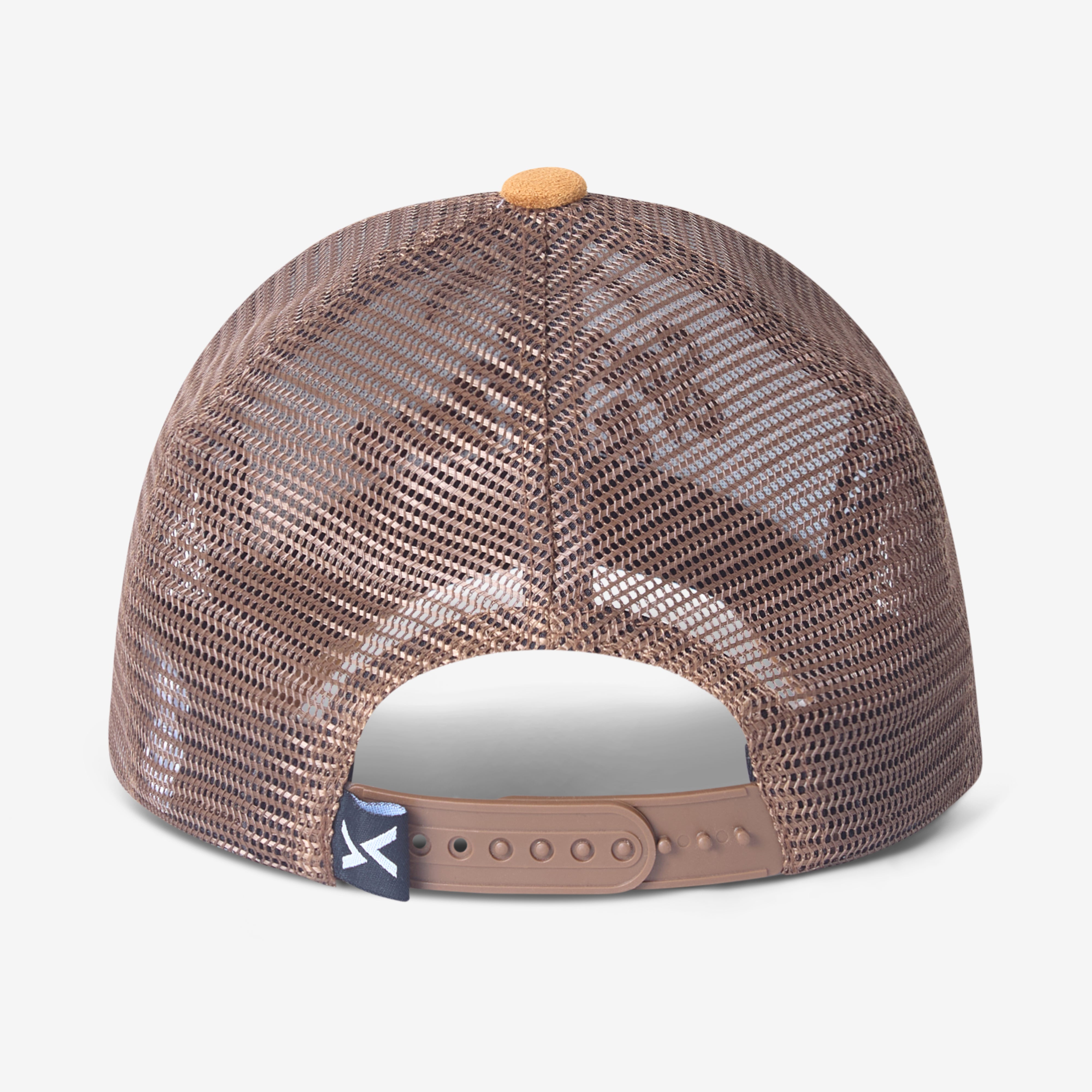 Brown mesh cap with a Spark & Flare logo on the back against a white background