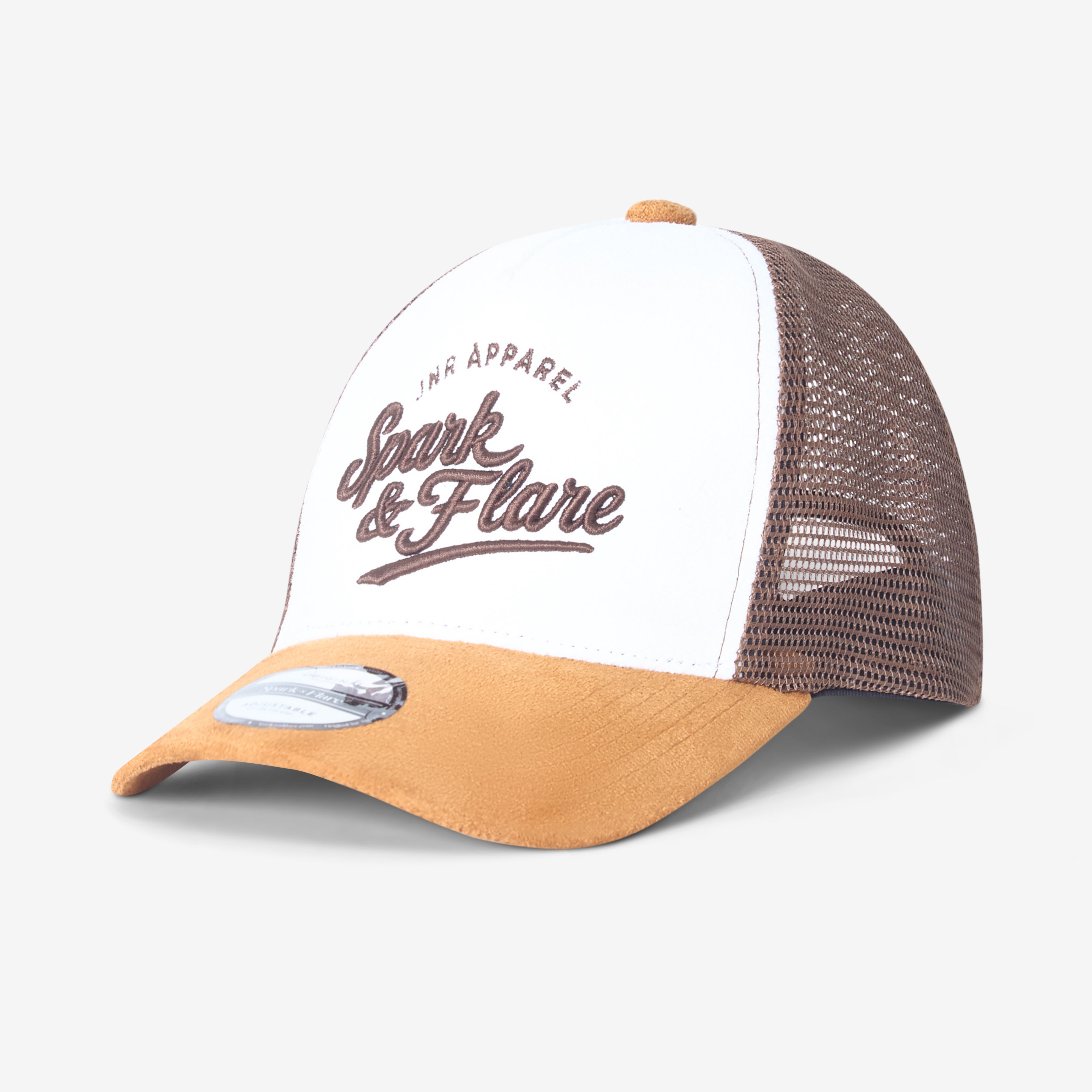 Trucker hat with 'Spark & Flare' branding on a white background