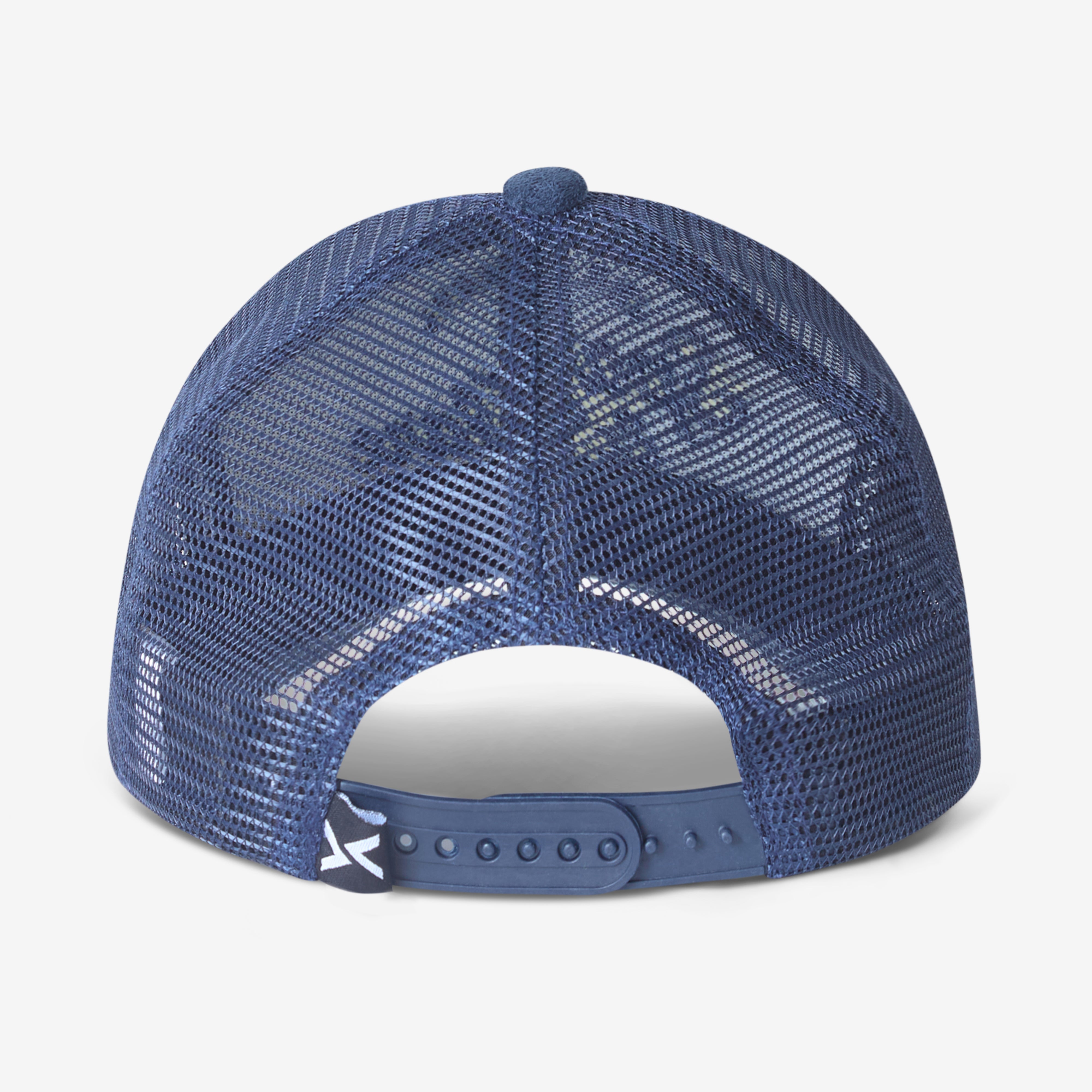 Blue mesh cap with a Spark & Flare brand logo on a white background