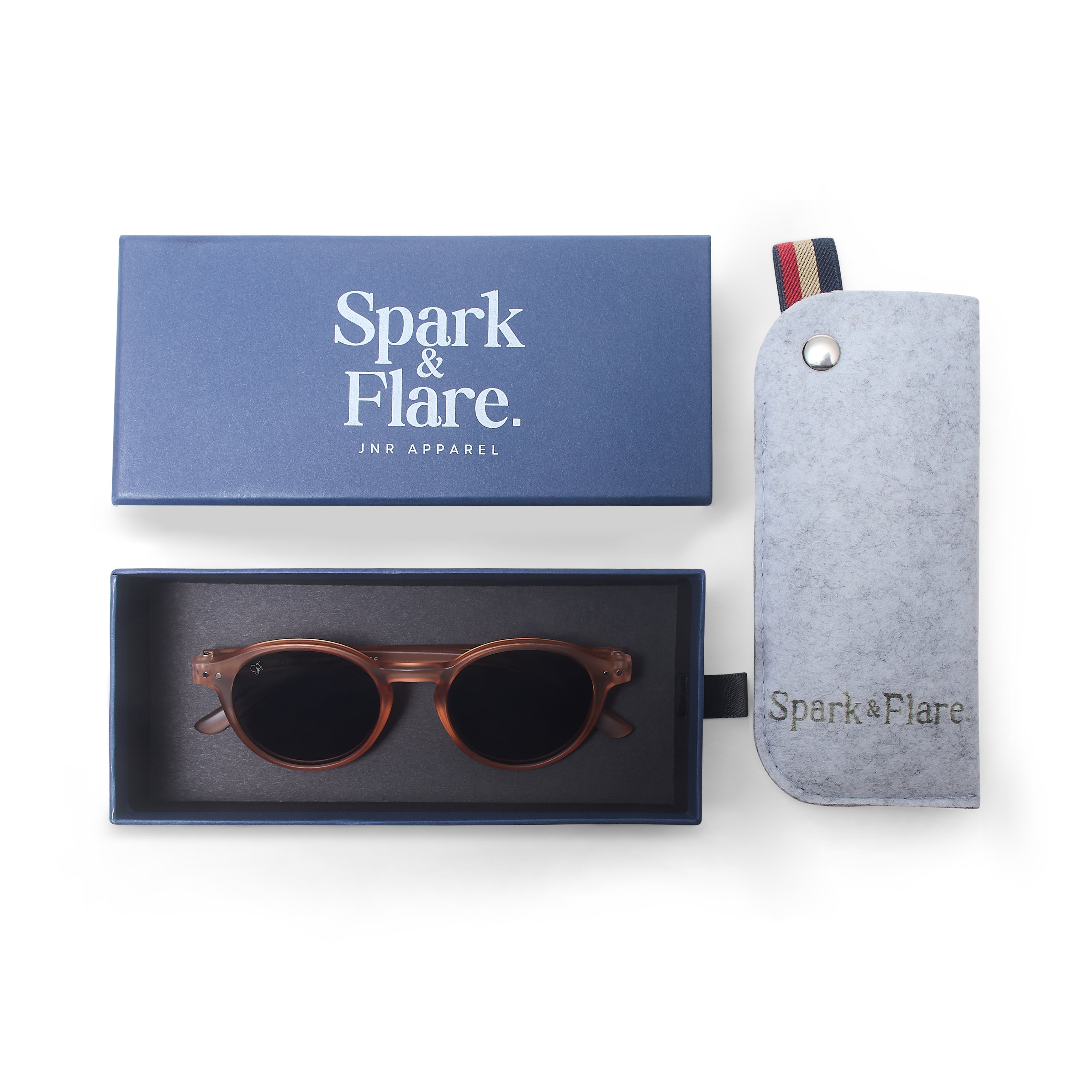 Sunglasses in a box with 'Spark & Flare' branding and a sunglasses pouch