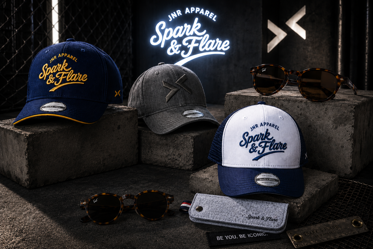 Spark & Flare junior apparel collection featuring premium baseball caps, polarised sunglasses and accessories in a modern studio display.