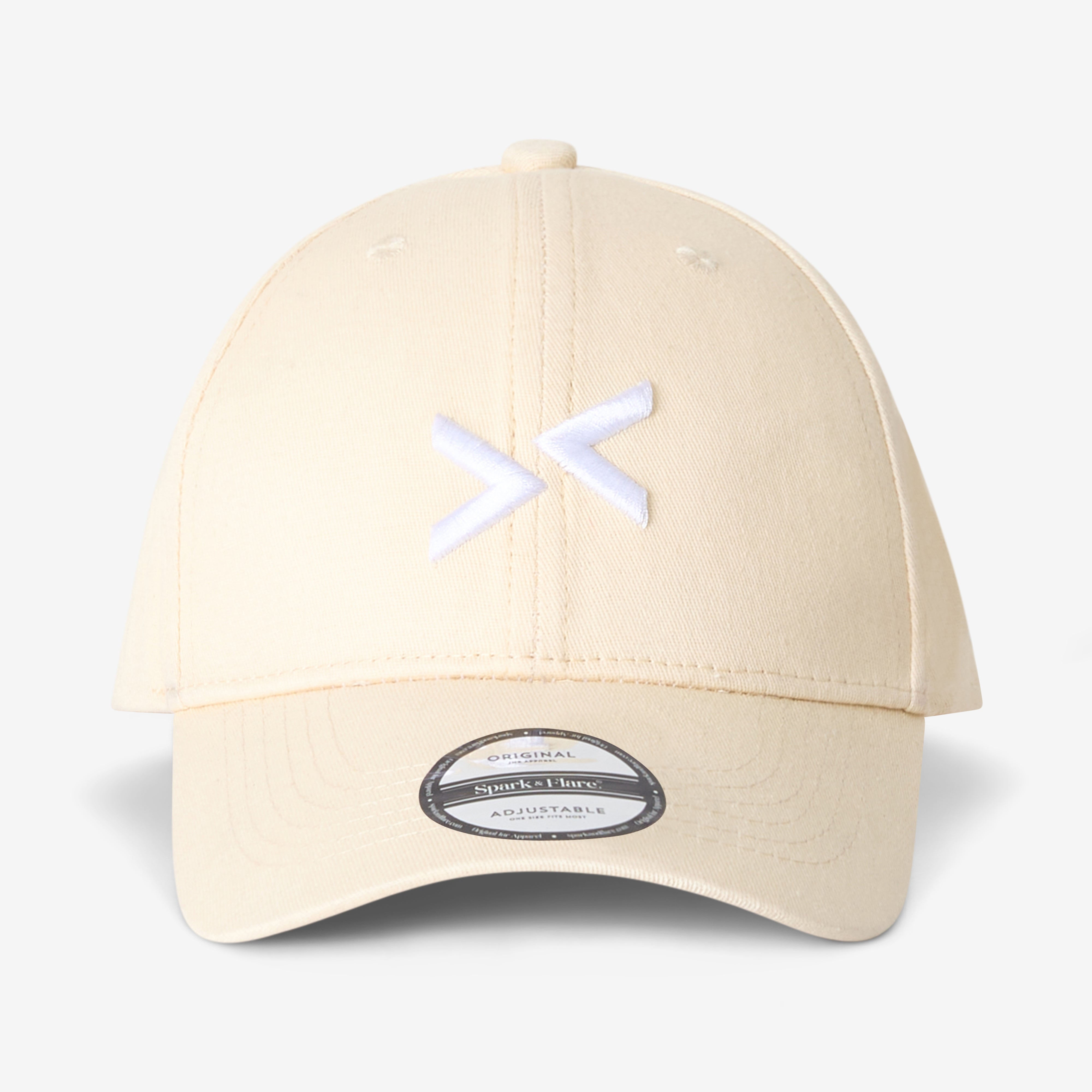 Beige cap with Spark & Flare arrow logo in white