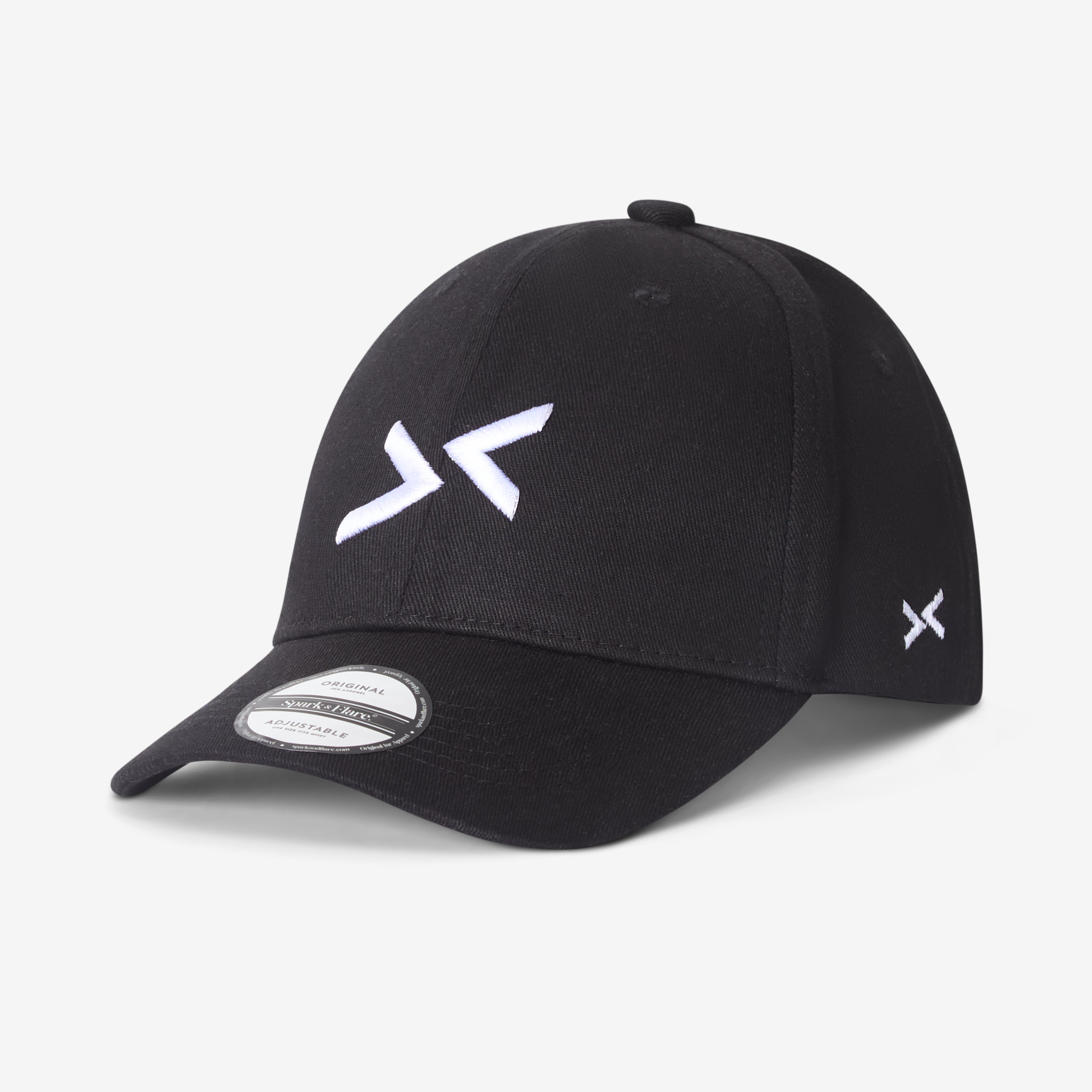Black Spark & Flare baseball cap with Spark & Flare arrow logo in white