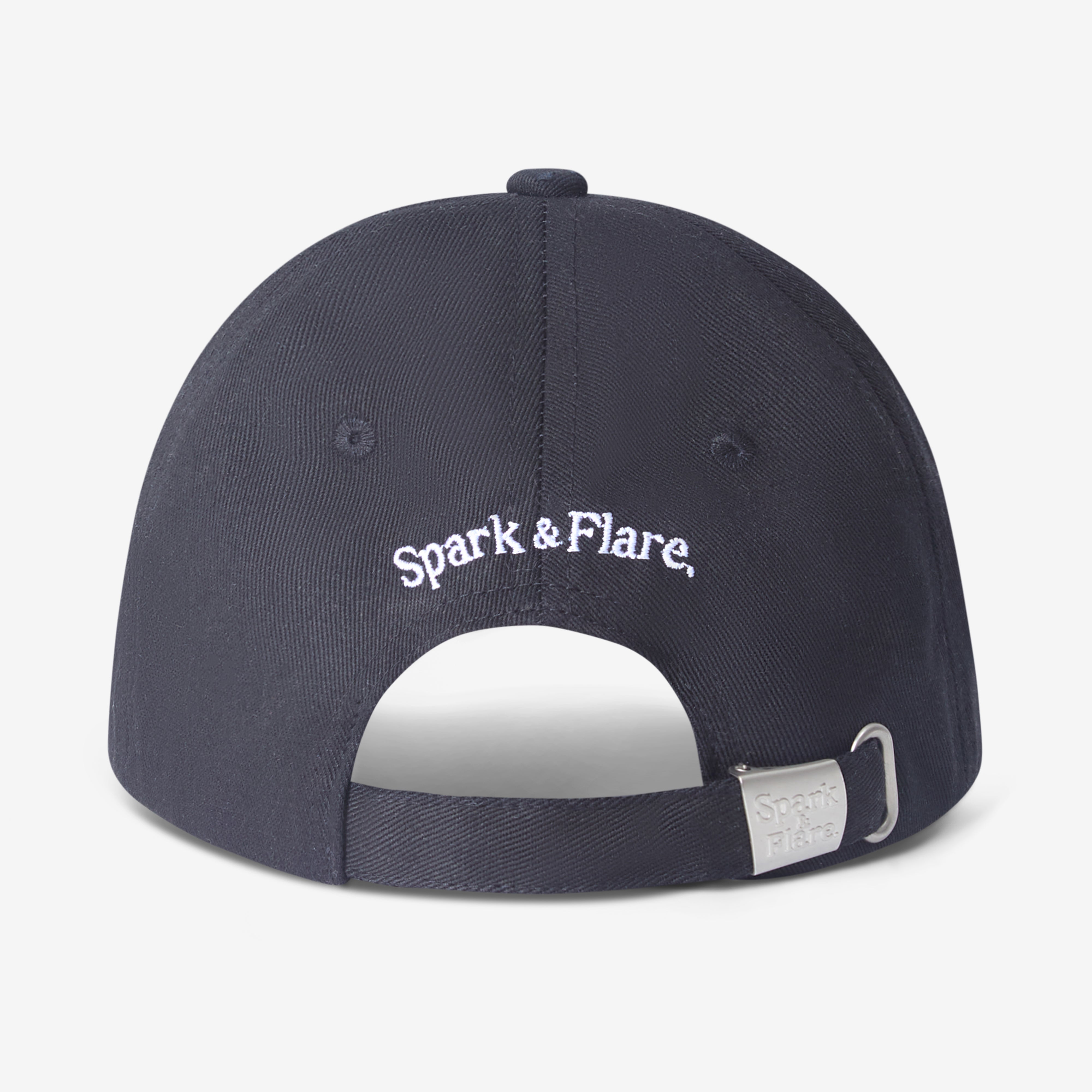 Back of a Navy Spark & Flare Brave baseball cap with Spark & Flare branding and branded buckle
