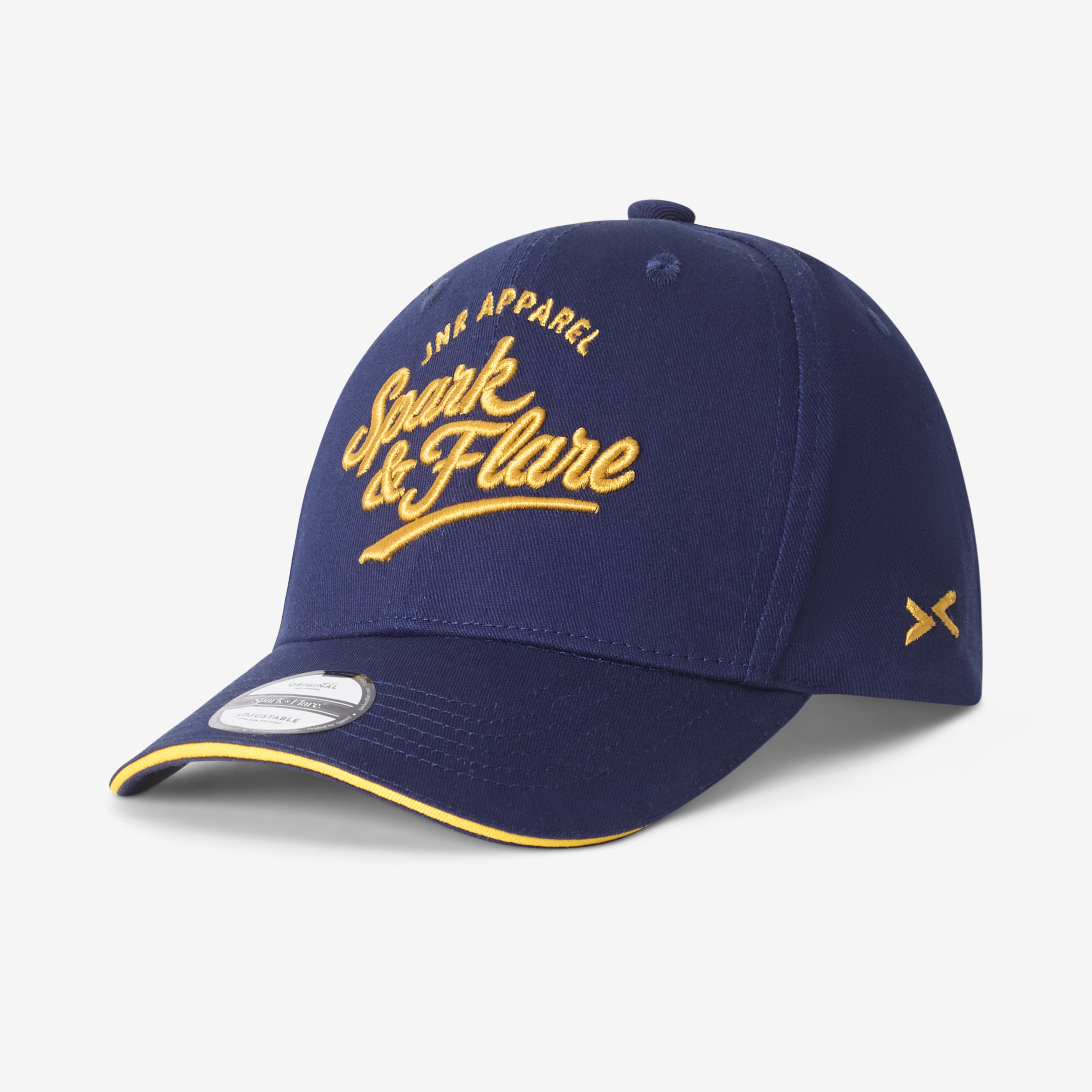 Navy Spark & Flare Baseball cap with gold script and gold edging on visor
