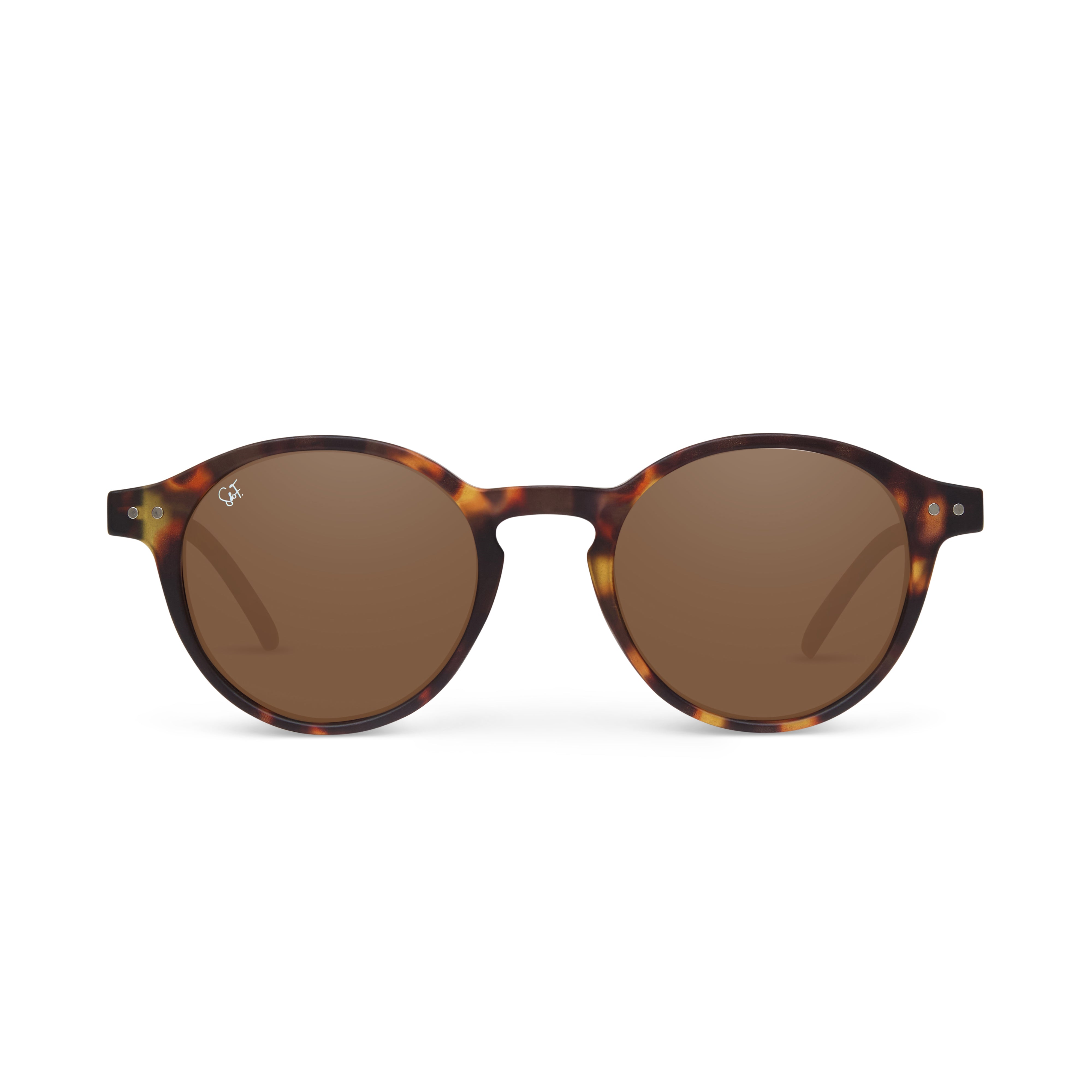 Tortoise shell Spark & Flare round sunglasses with dark lenses on a white background
