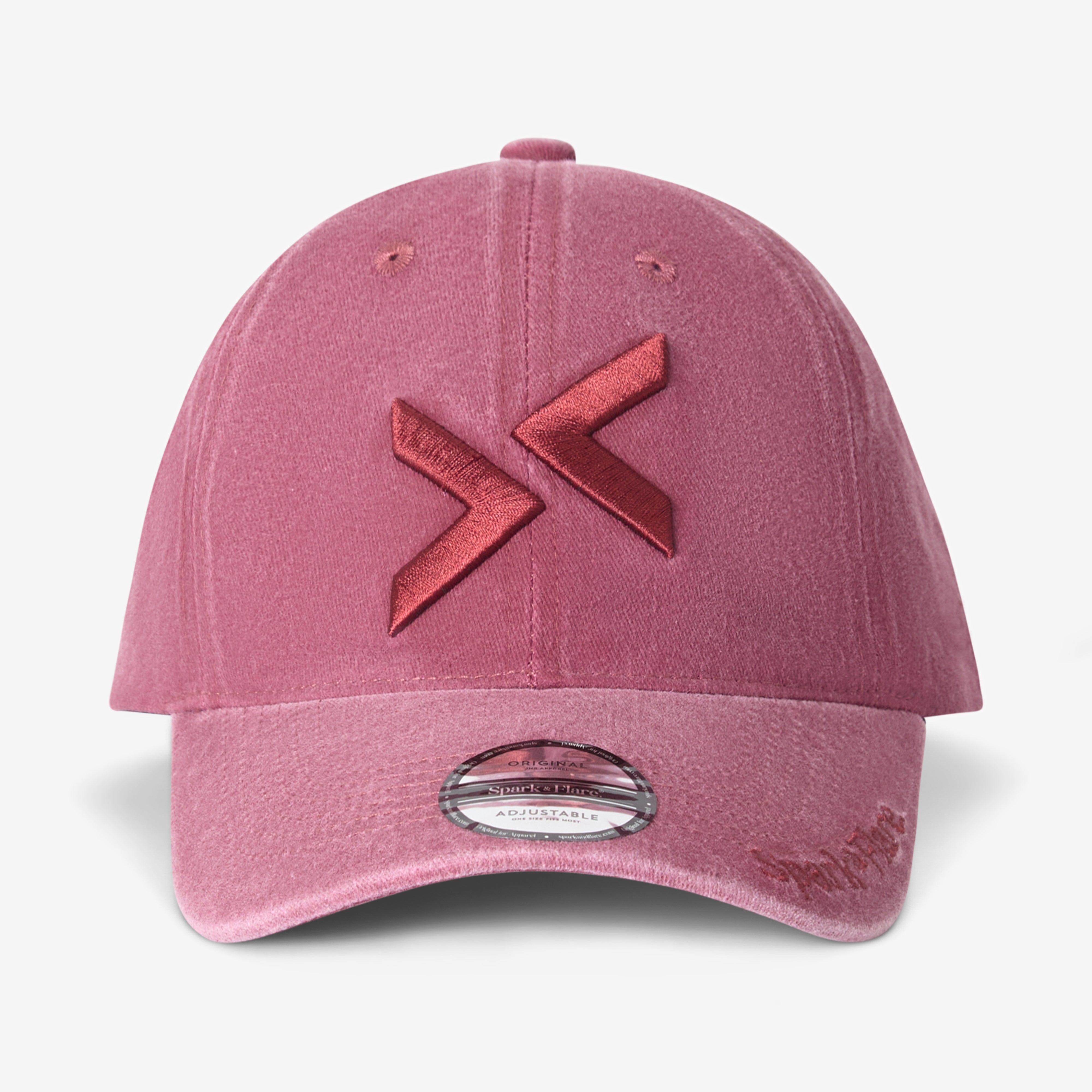 Washed red Spark & Flare baseball cap with matching coloured logo and Spark & Flare branding on visor