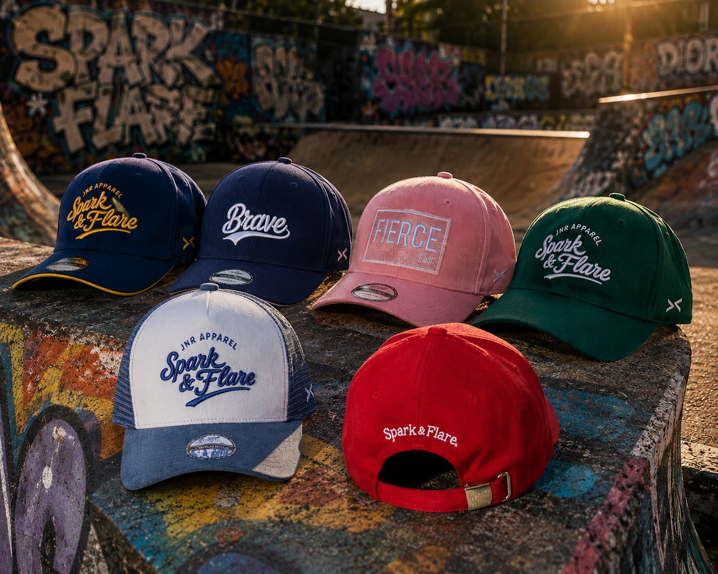 Six Spark a Flare brand baseball caps in different colors (navy blue, navy with gold embroidery, pink, green, light blue, and red) are arranged on a concrete ledge in an outdoor skatepark with graffiti walls in the background.