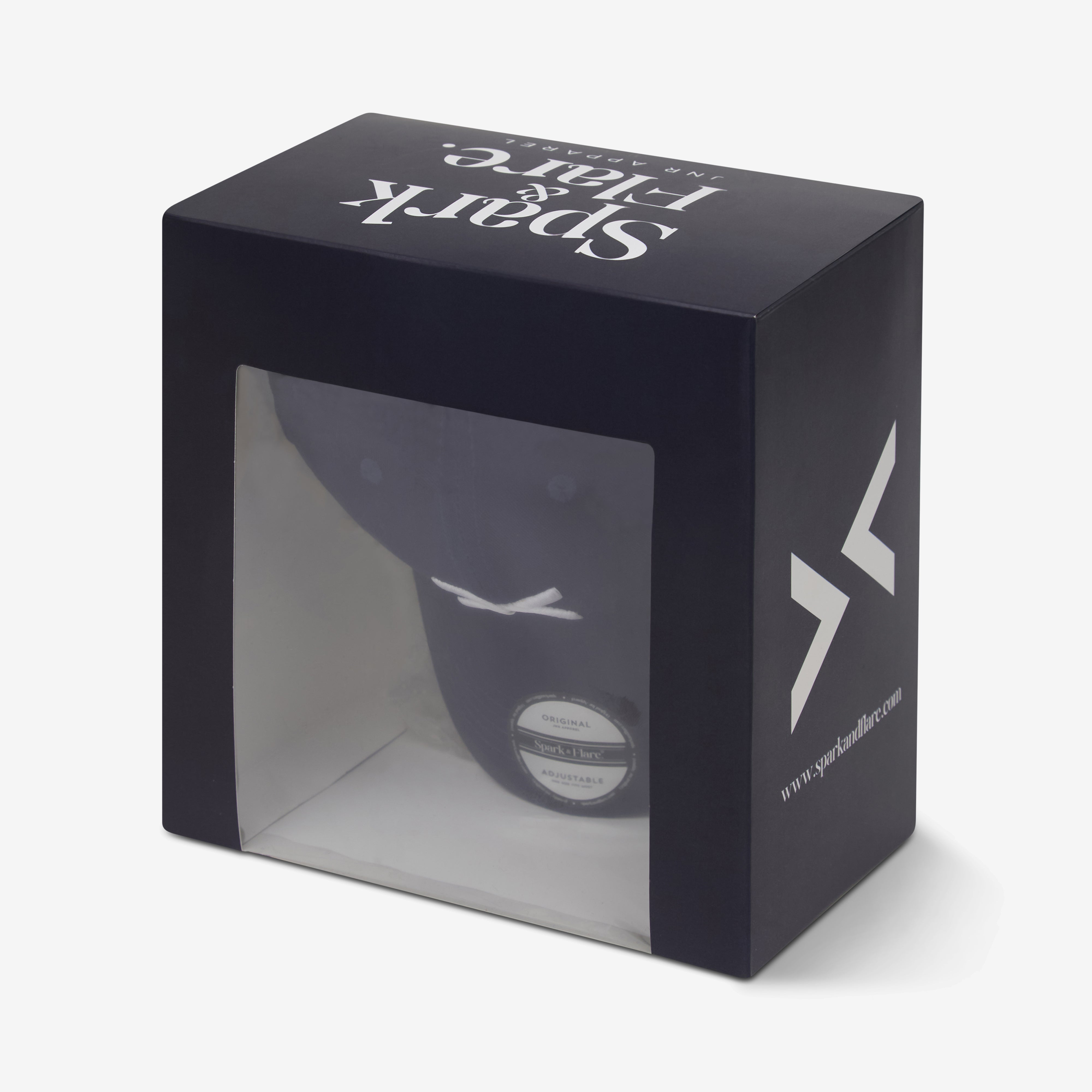 Navy blue Spark & Flare packaging with a clear window displaying a product, featuring the brand Spark & Flare branding